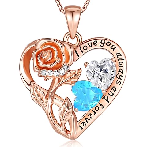 925 Sterling Silver Double Birthstone Rose Flower Heart Jewelry Necklaces for Women Anniversary Love Forever Necklaces for Her Birthday Gifts for Wife Girlfriend Mom Mothers Day Rose Gold