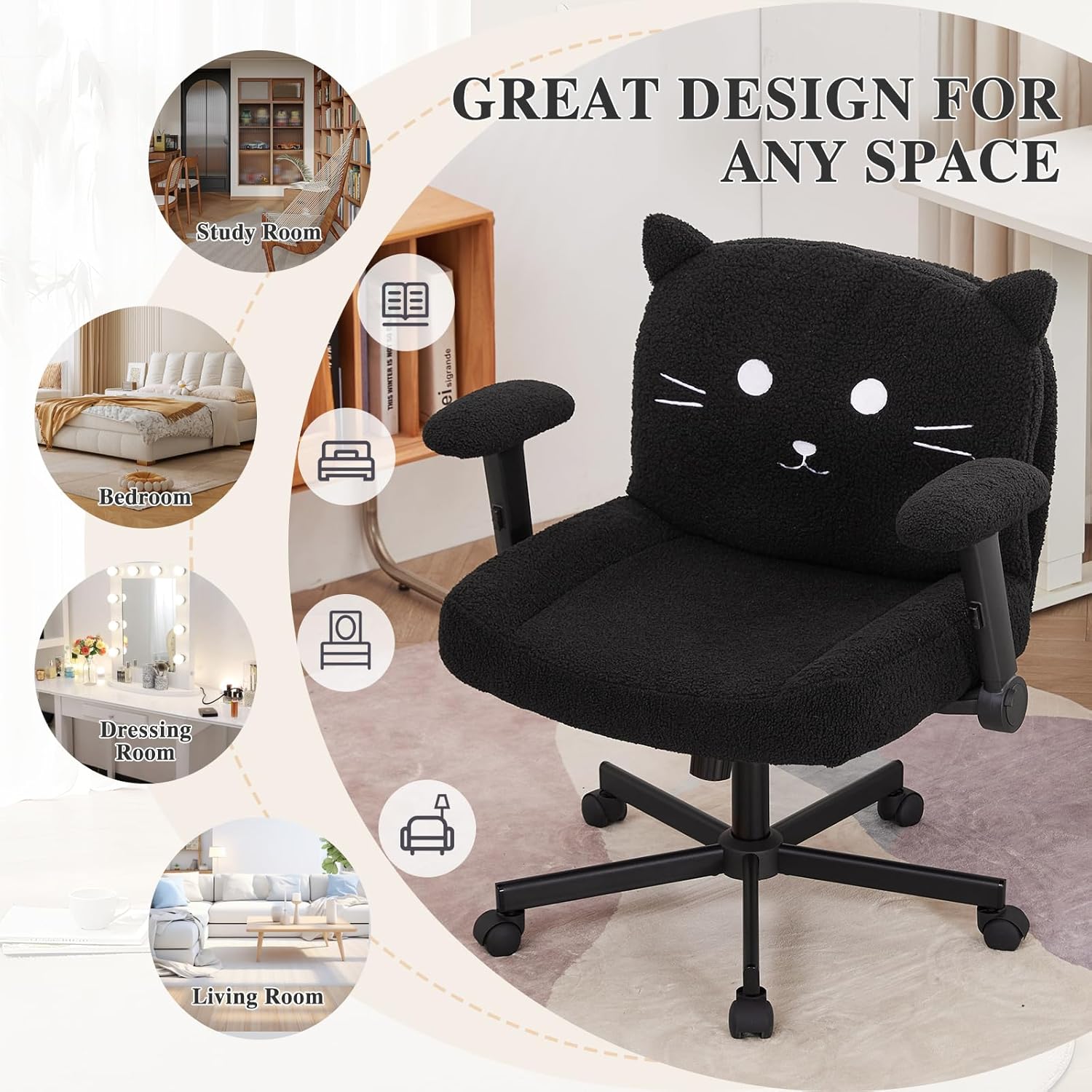 Sunchen Criss Cross Chair with Wheels and Arms, Cross Legged Office Chair with Wide Seat, Adjustable Cute Comfy Desk Chairs for Home Office, Bedroom, Vanity, Black