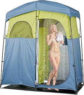 VEVOR Camping Shower Tent, 2-Room Portable Privacy Tent Changing Room with Shower Bag, Ground Stakes, Ropes, Carry Bag, and Support Poles, 150D Oxford Fabric with Silver Coating, for Camping, Fishing