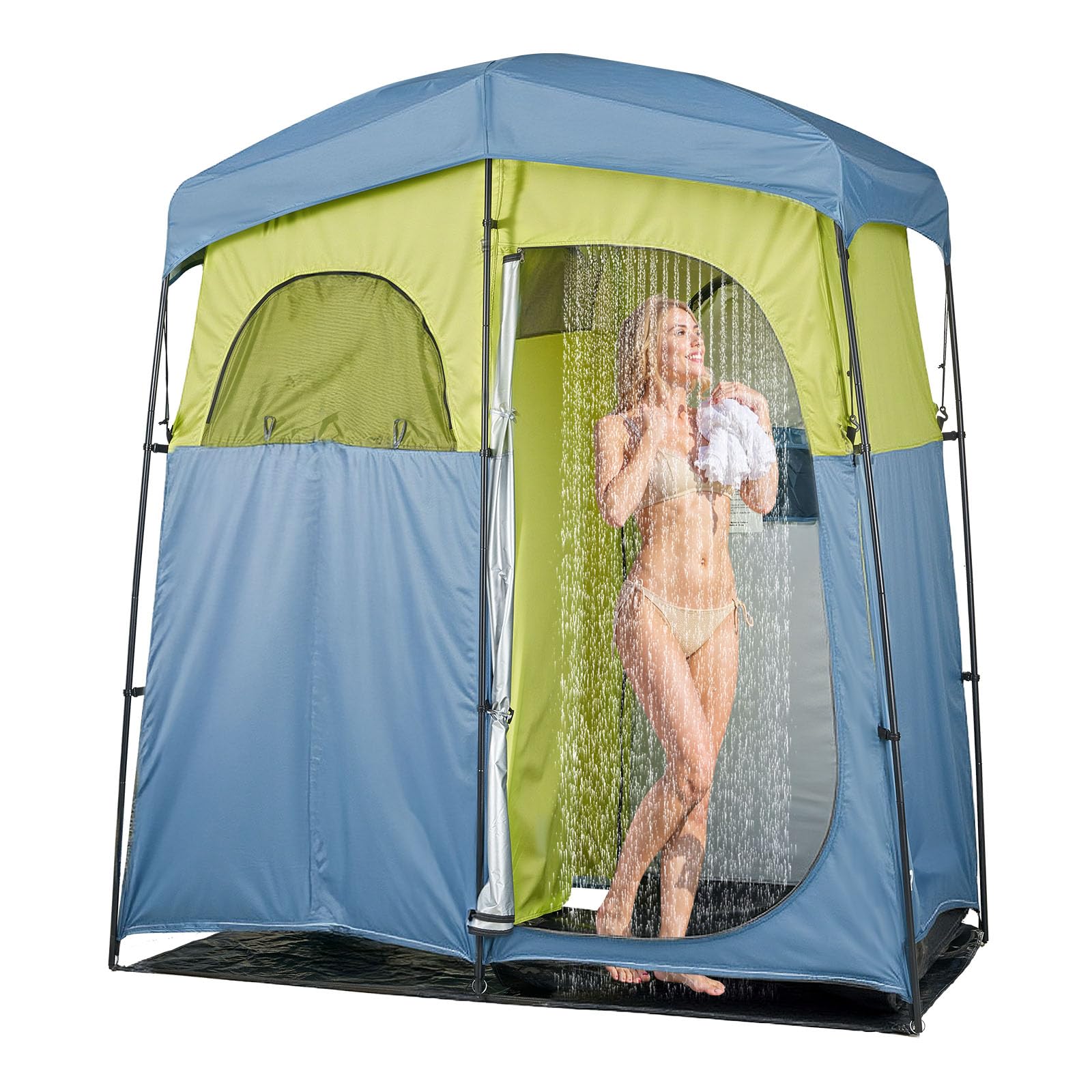 VEVOR Camping Shower Tent, 2-Room Portable Privacy Tent Changing Room with Shower Bag, Ground Stakes, Ropes, Carry Bag, and Support Poles, 150D Oxford