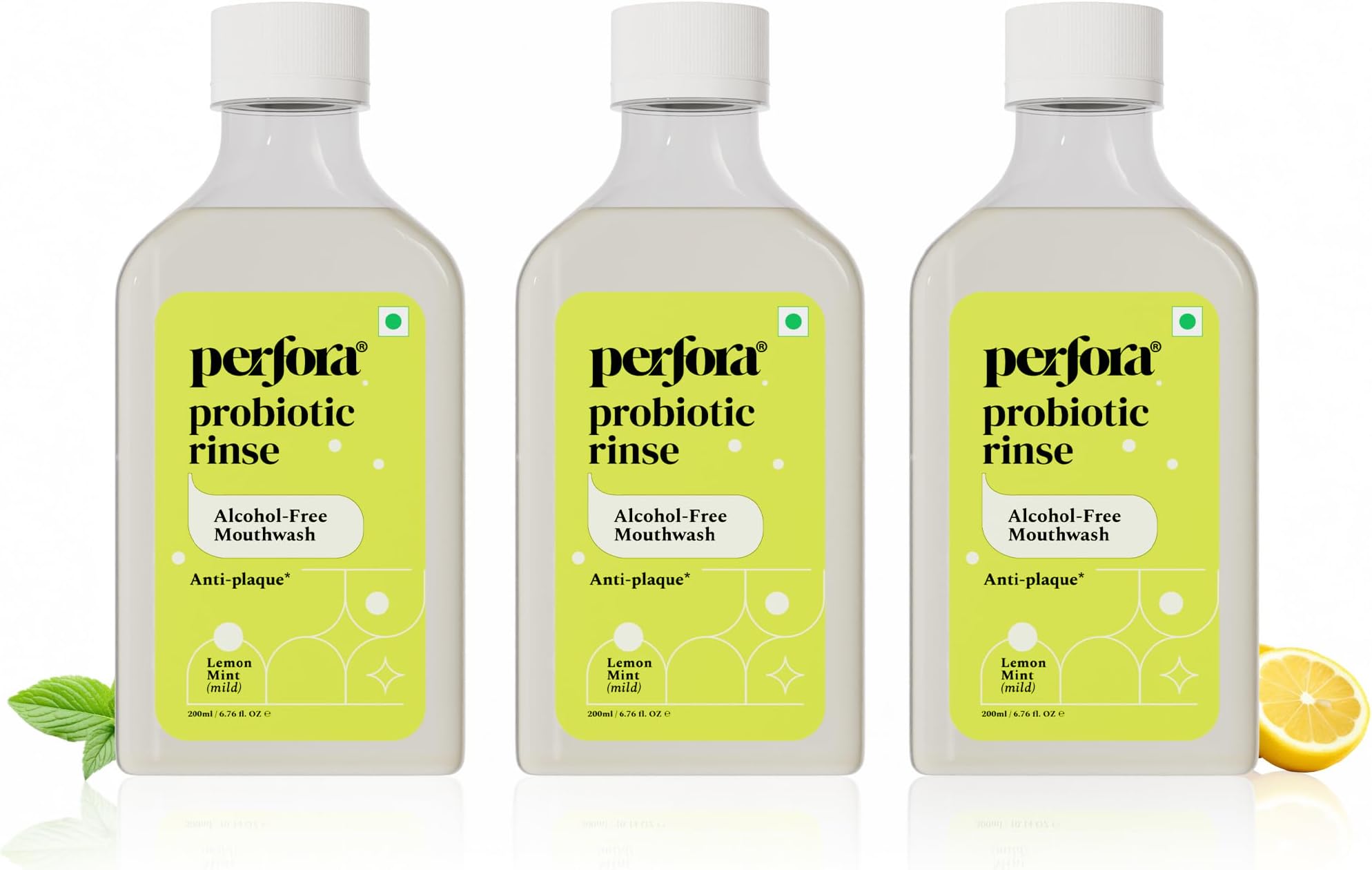 Perfora Lemon Mint Mouth Wash | Mouth Freshener with Probiotics, Hyaluronic Acid, & Vitamin C | No Artificial Flavors & Colors | Alcohol Free | Suitable for Men, Women, Children | Pack of 3 (200ml)