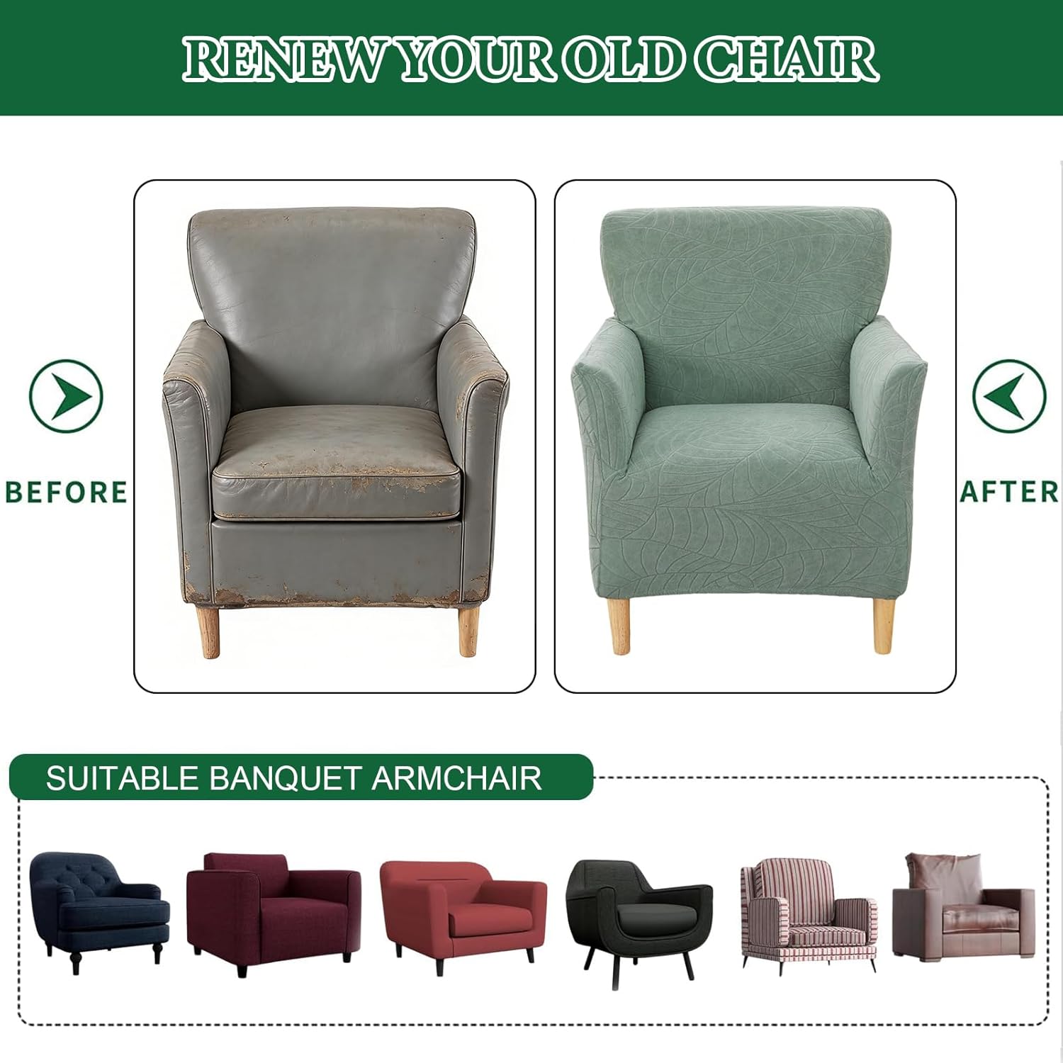 Jacquard Banquet Armchair Slipcovers Waterproof Chair Covers Armchair 1-Piece Stretch Chair Covers for Living Room Nonslip Outdoor Armchair CoverPets Friendly Furniture Protector,Green