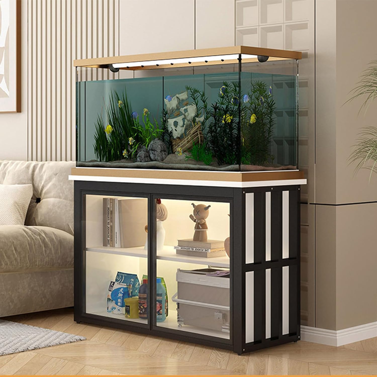 20 - 50 Gallon Fish Tank Stand, Metal Frame Aquarium Stand with Cabinet for Accessories Storage, Reptile Turtle Tank Stand for Home Office Black + White + Black 50x35x80cm