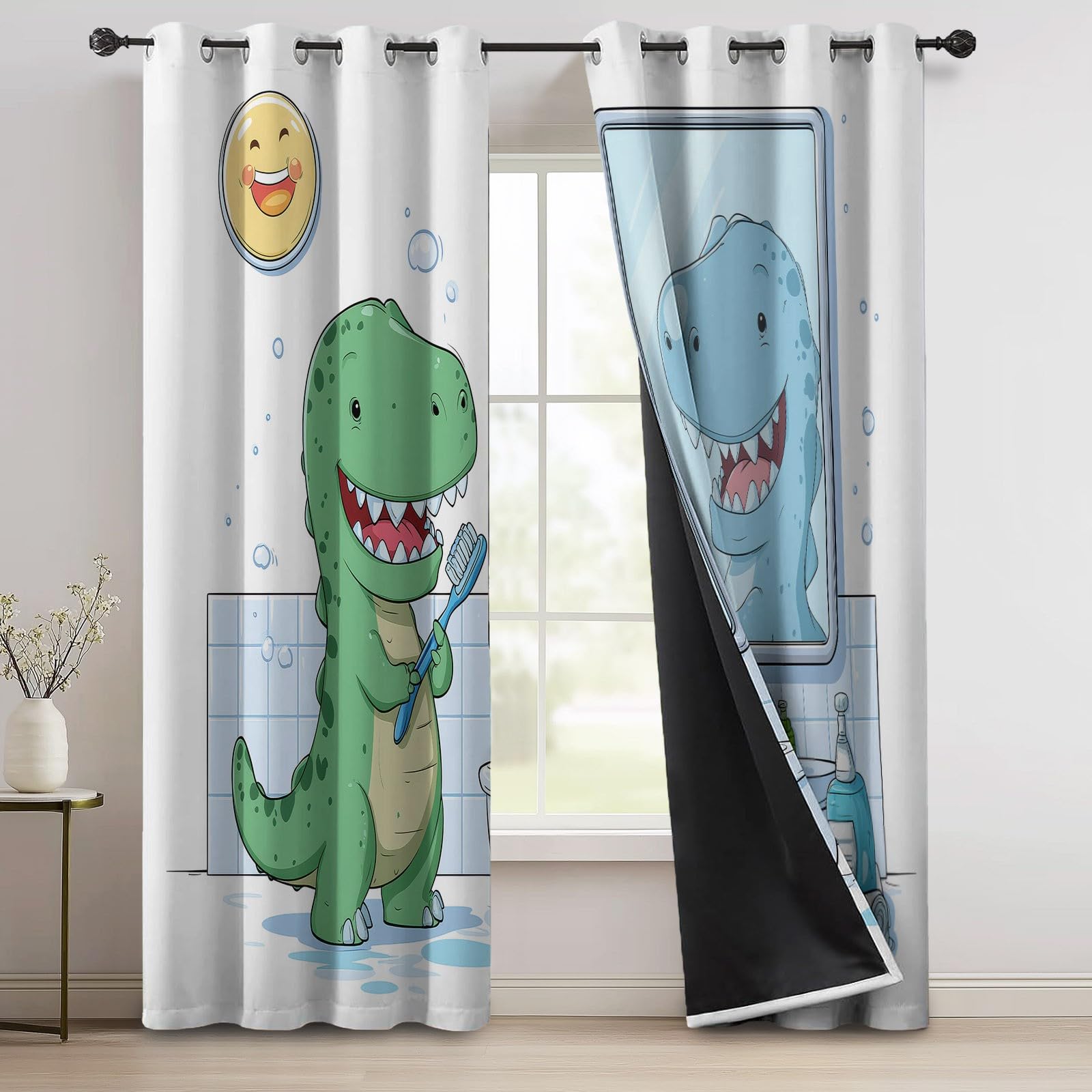 Rideaux Occultants en Bleu avec Amusant Dinosaure Bain, 70 L x 200 H cm Isolant Thermique à Œillets Qui Protège du Froid, Habillage de Fenêtre Design pour Chambre Salon, Bureau