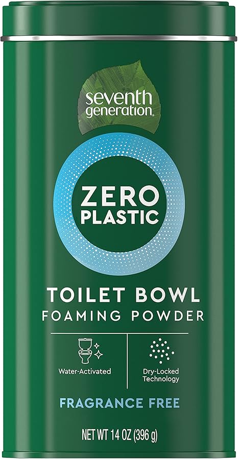 Seventh Generation Zero Plastic Toilet Bowl Cleaner, Foaming Powder, Fragrance Free, 14 Oz