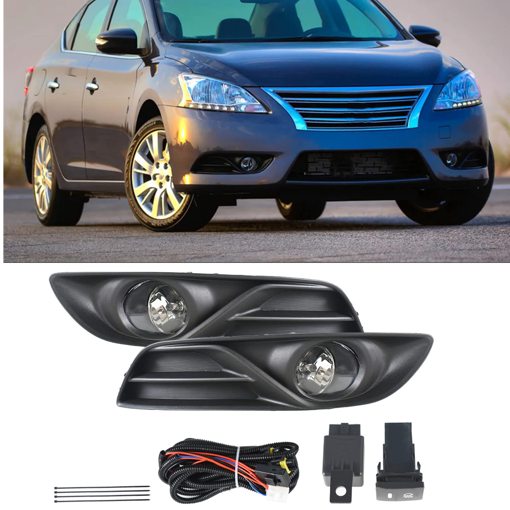 WFLNHB Fog Lights Replacement for 2013 2014 2015 Nissan Sentra Clear Lens with Front Bumper Bezel Wires Switch Bulbs Left+Right Side (Passenger & Driver Side),Pack of 2