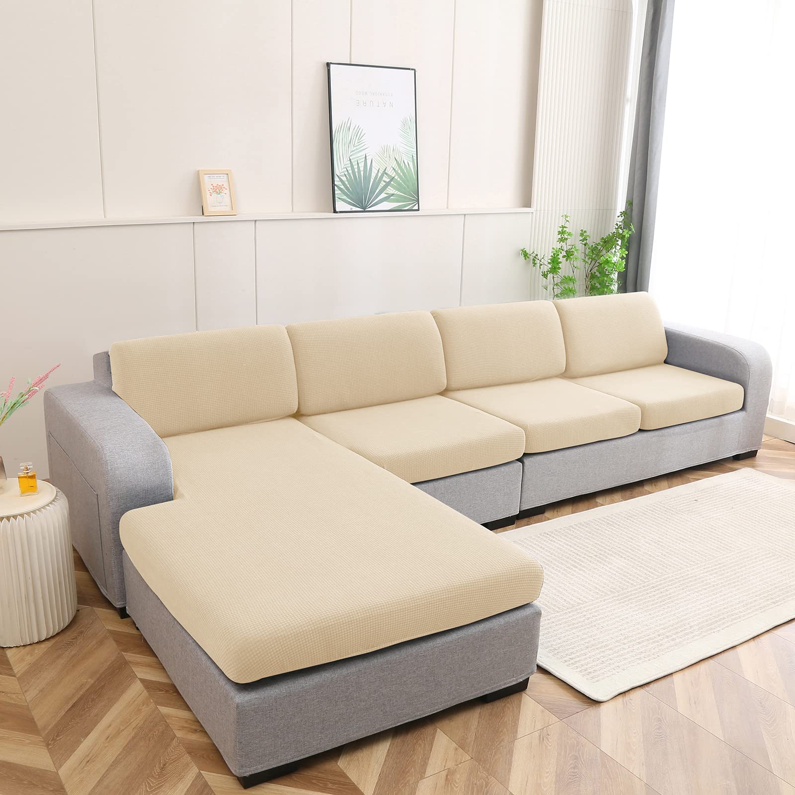 Qelus Sofa Cushion Cover Stretch Waterproof, Sofa Seat Cover for Chaise Cushion, Corner L Shape Couch Slipcover Replacement, Jacquard Elastic Protector for Separate Cushion (1PCS Beige, Chaise)