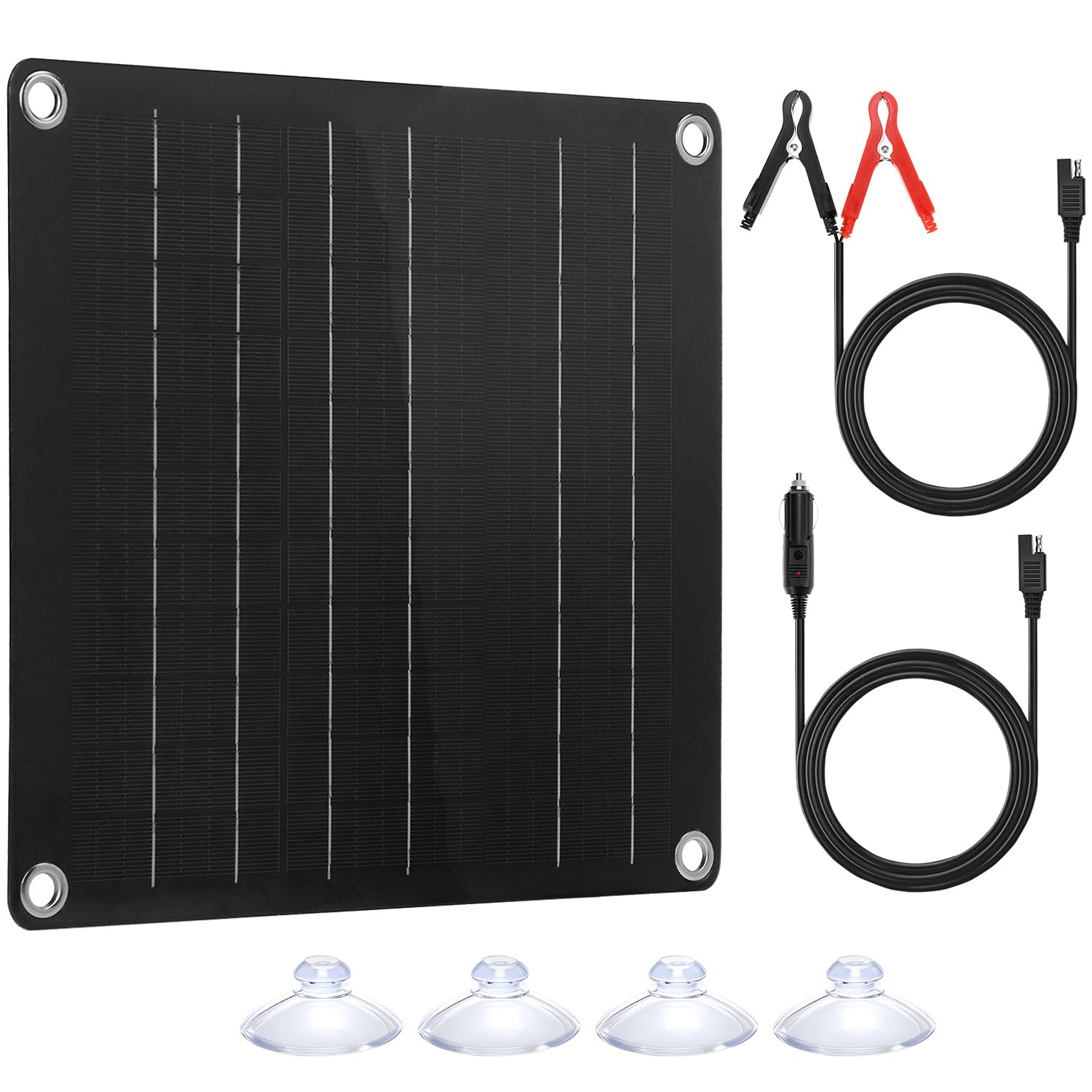QWORK® Chargeur Solaire 10W 12V Mainteneur de Batterie pour Voiture, Moto, Bateau - Charge d'entretien, Portable avec Allume-Cigare et Pinces Crocodile