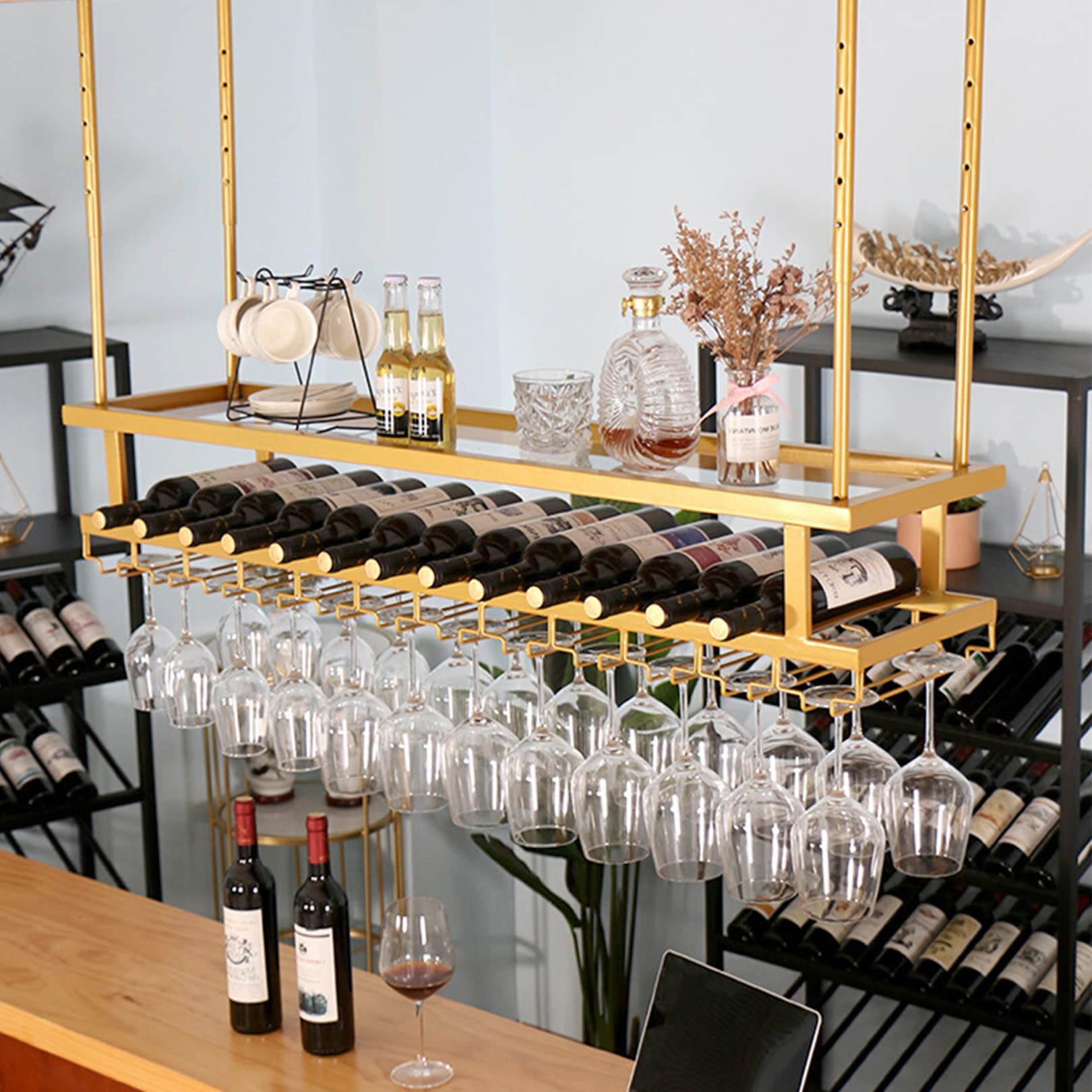 Portabottiglie Da Soffitto Con Luci - Scaffale Galleggiante Per Vino, Bicchieri E Decorazioni - Foto 9