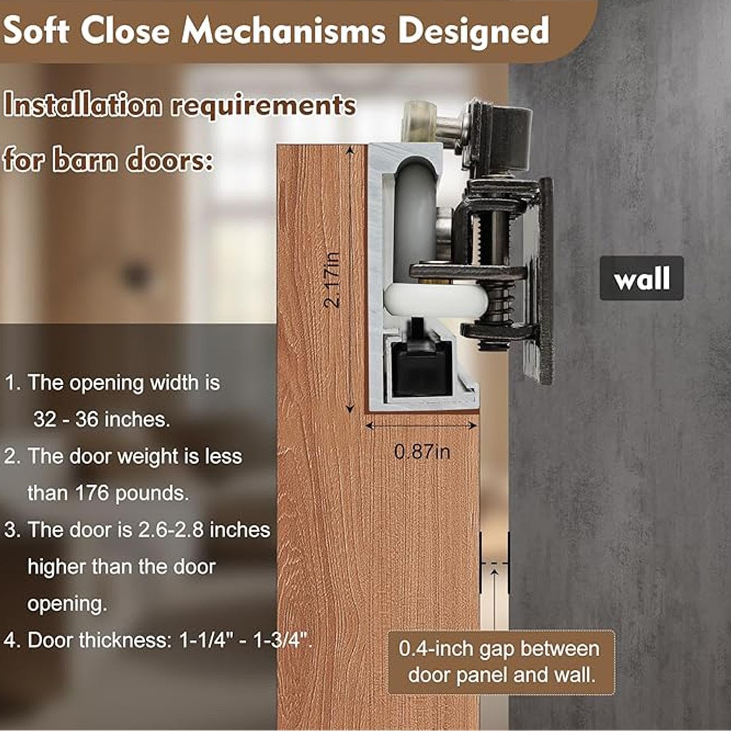 Kit de porte coulissante - quincaillerie de porte coulissante cachée avec fermeture en douceur, kit de porte fantôme coulissante invisible sans rail pour porte en bois simple,1.2m/3.9ft