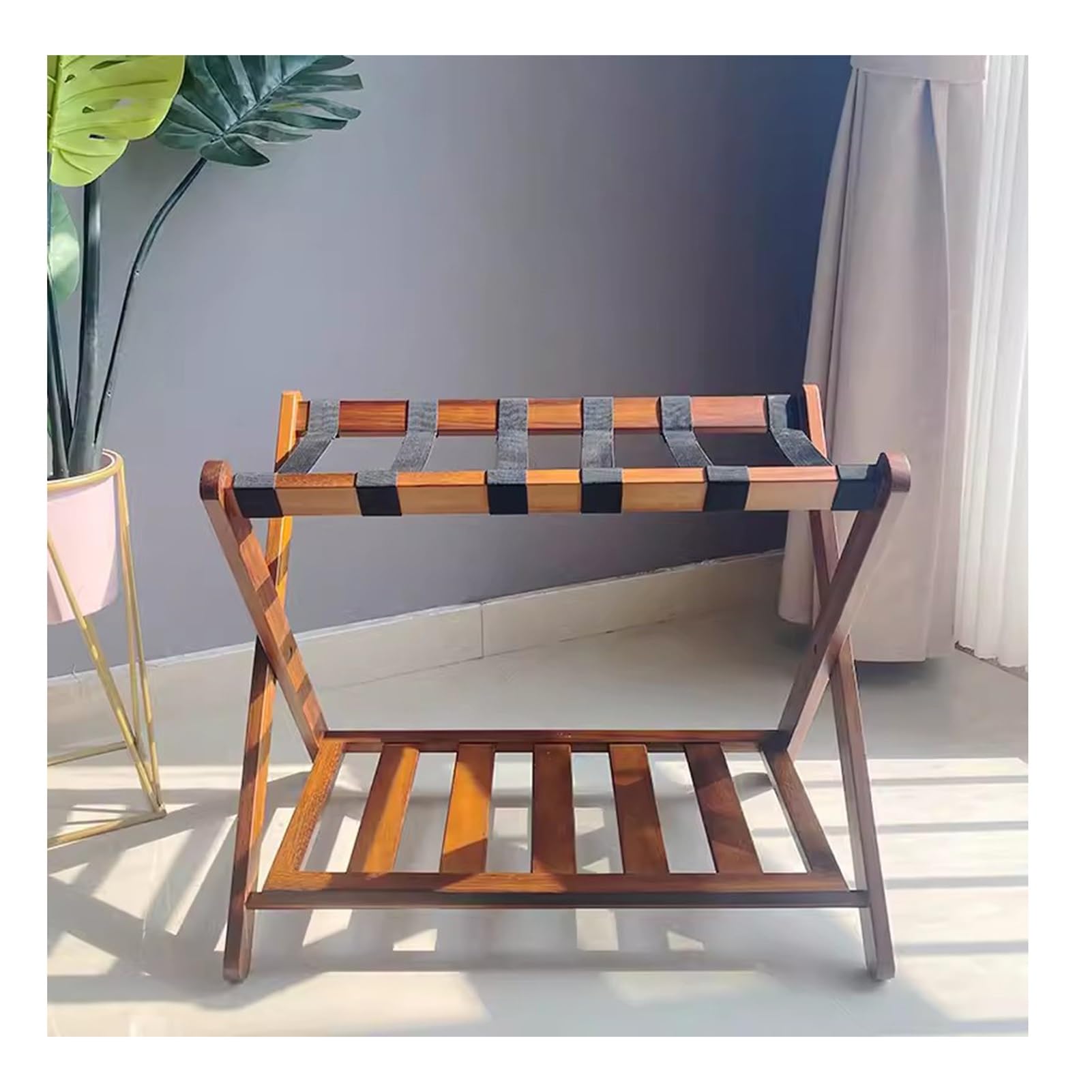 Soporte para Maletas Portaequipajes de bambú sólido Vintage para hoteles domésticos, Estante de Almacenamiento Plegable de Doble Capa
