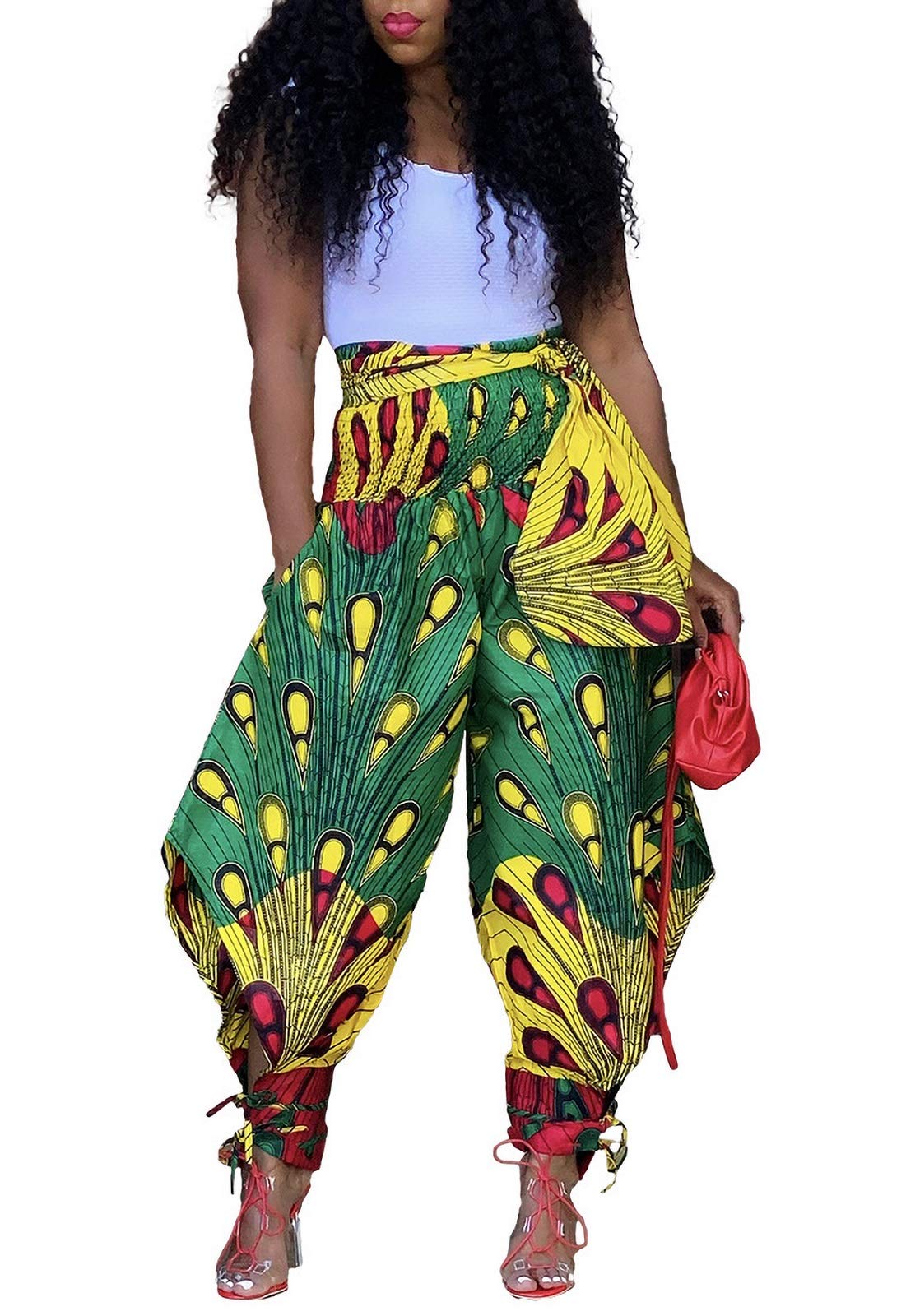 Voghtic Womens Casual African Print Harem Pants Hippie Loose Beach Boho Wide Leg Palazzo Lounge Trousers with Pockets