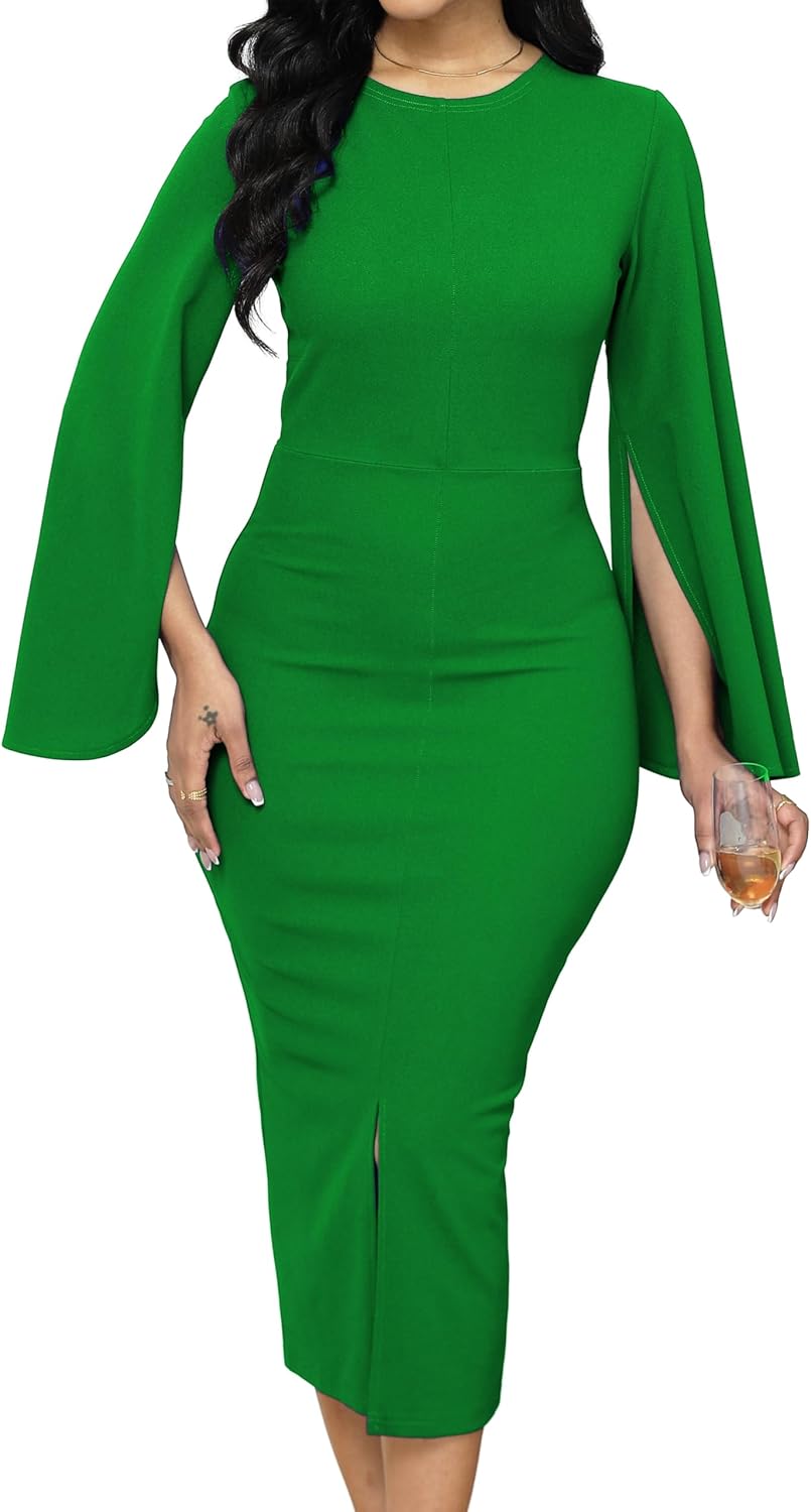 Women Church Dresses Bodycon Work Dress Bell Long Sleeve Round Neck Business Pencil Dresses