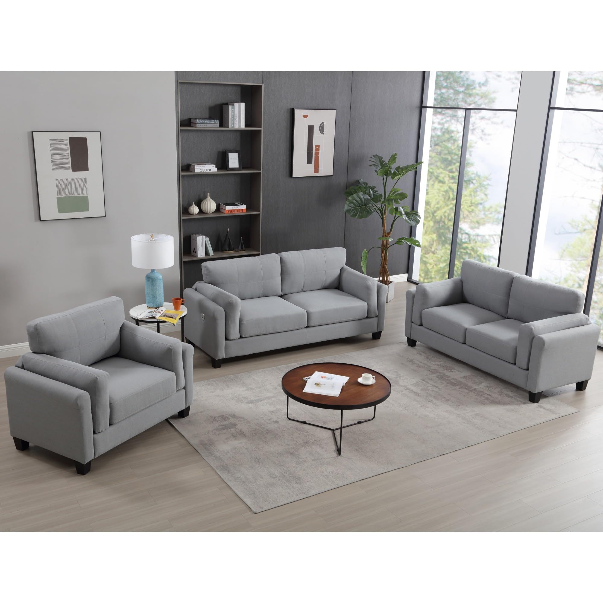 Modern 3 Pieces Sofa Set for Living Room Double Armrest Comfy Deep Seat Furniture Sets Chair & Loveseat & 3 Seater Couch, Pet-Friendly Small Space Sofas(Gray)