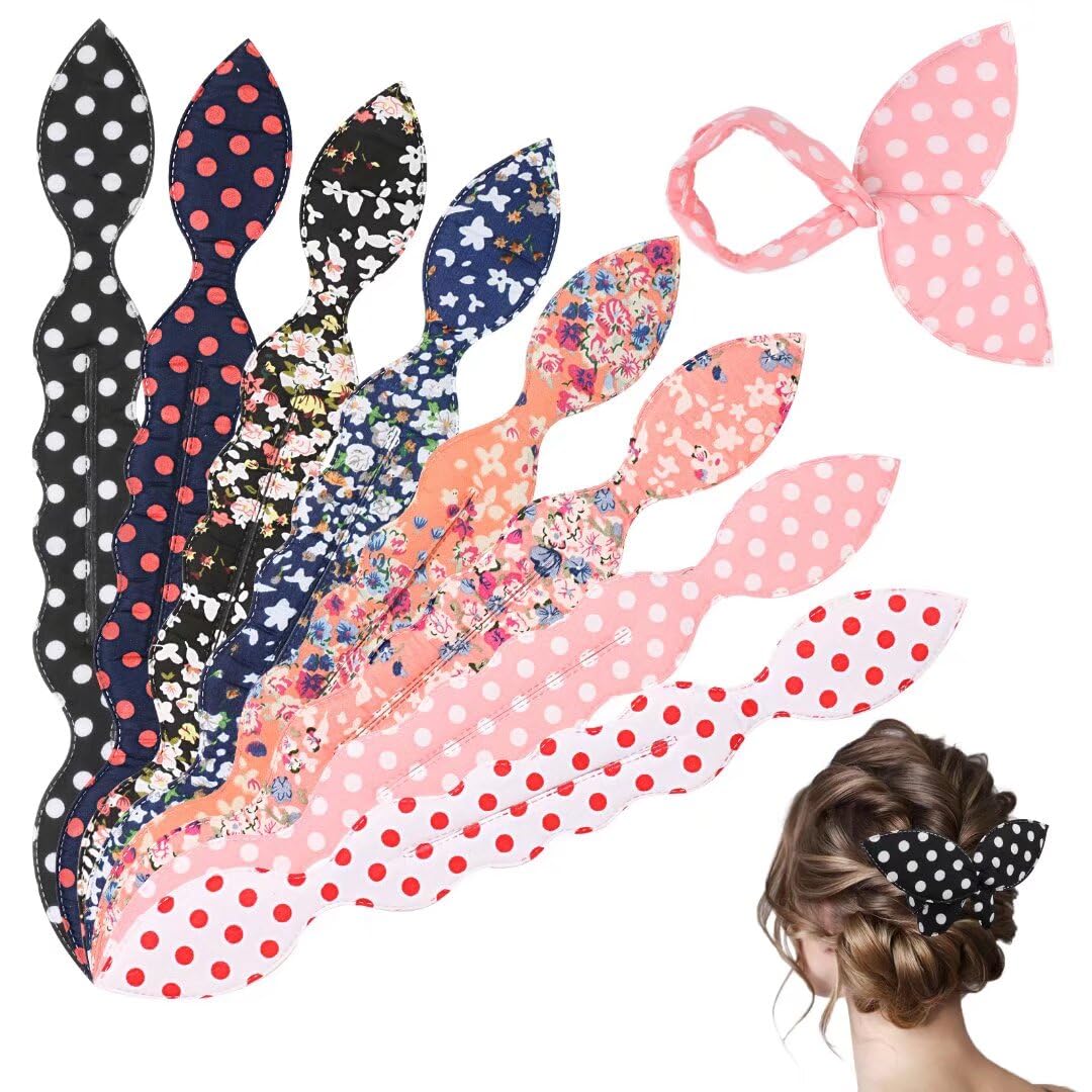 Hair Bun Makers 8PCS, French Twist Donut Maker Magic Fabric and Foam Sponge Hair Styling Tools for Women Girls, 4 Dotted+4 Floral, Accessories for Everyday Wear and Occasions