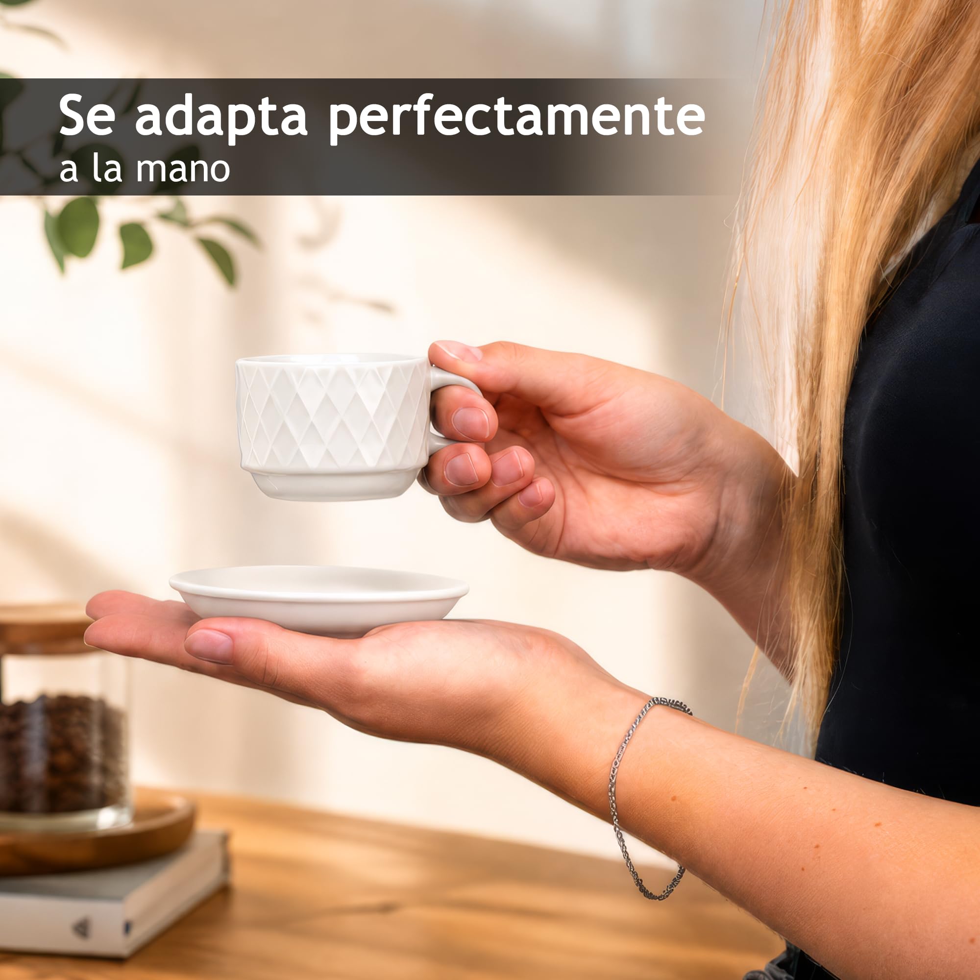 MIAMIO - Set de 6 Tazas Espresso 75 ml con Soporte Cerámica Gres – Tazas Pequeñas para Espresso – Juego Moderno en Blanco – Colección Palmanova, Apta Lavavajillas | Con soporte, apto para lavavajillas, microondas y frigorífico, 6 tazas
