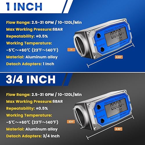 Miniatura 5 de Medidor de flujo de 1 pulgada, medidor de flujo de combustible de turbina 2.5-31 GPM, medidor de flujo digital de aleación de aluminio Medidor de