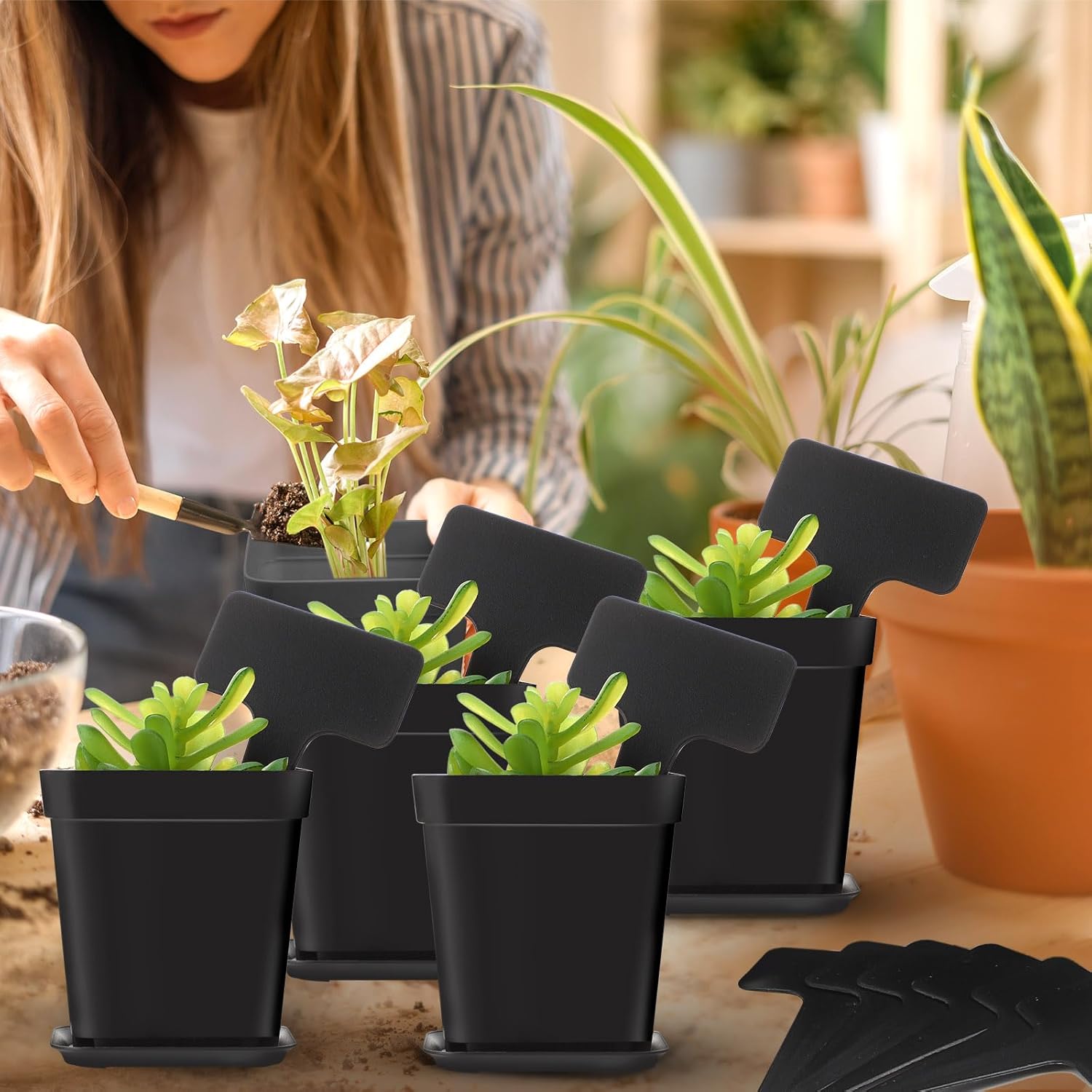 Zubebe 140 Pcs Plastic Plant Pots with Saucers, T Type Plant Labels, and Marking Pen for Indoor and Outdoor Use, Black