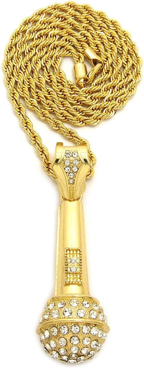 Fashion 21 Hip Hop Iced Out Microphone MIC Pendant 4mm 24" Rope Chain Necklace in Gold Tone