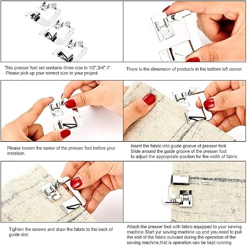 Miniatura 8 de El kit de 8 piezas de prensatelas de costura incluye 6 prensatelas de dobladillo enrollado, pie de carpeta de cinta al bies y prensatelas guía
