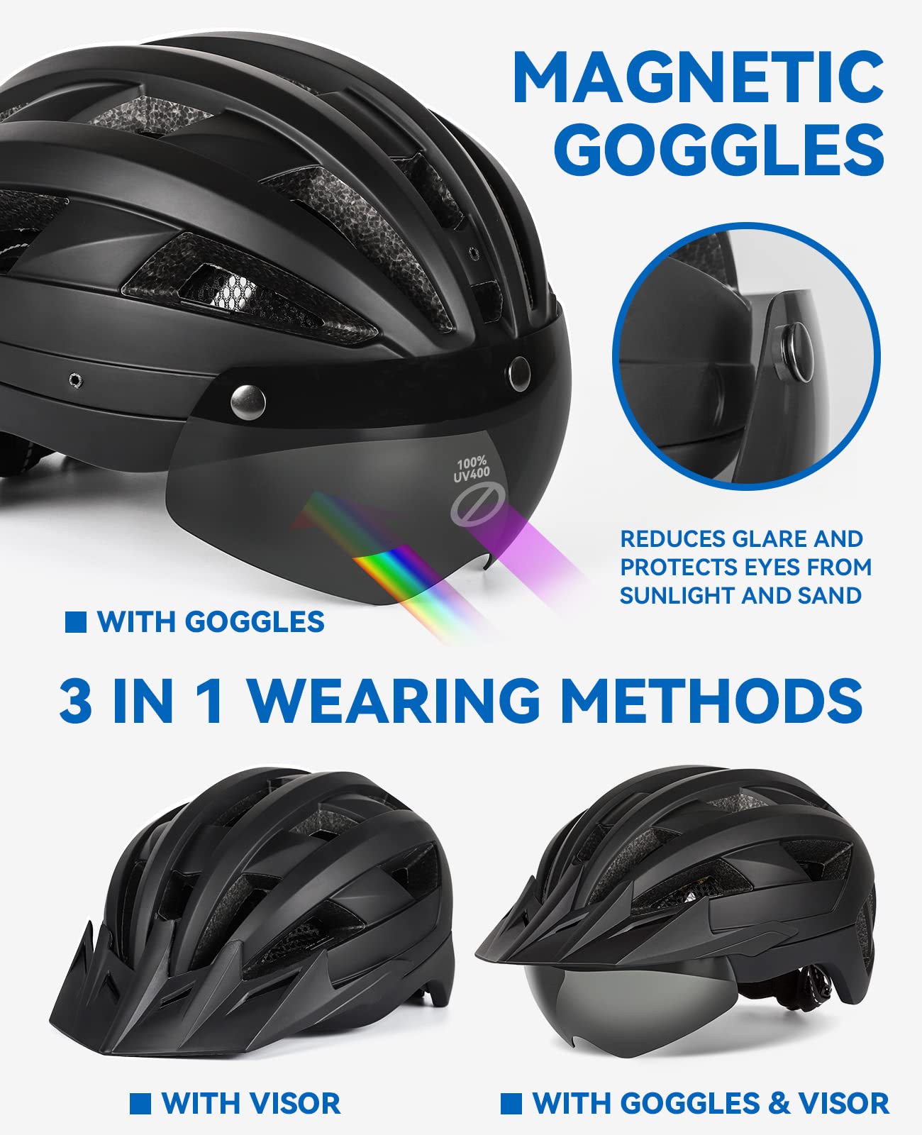 Casque de vélo VTT Adulte Taille 57-62 cm avec Visière et Lunettes Amovibles