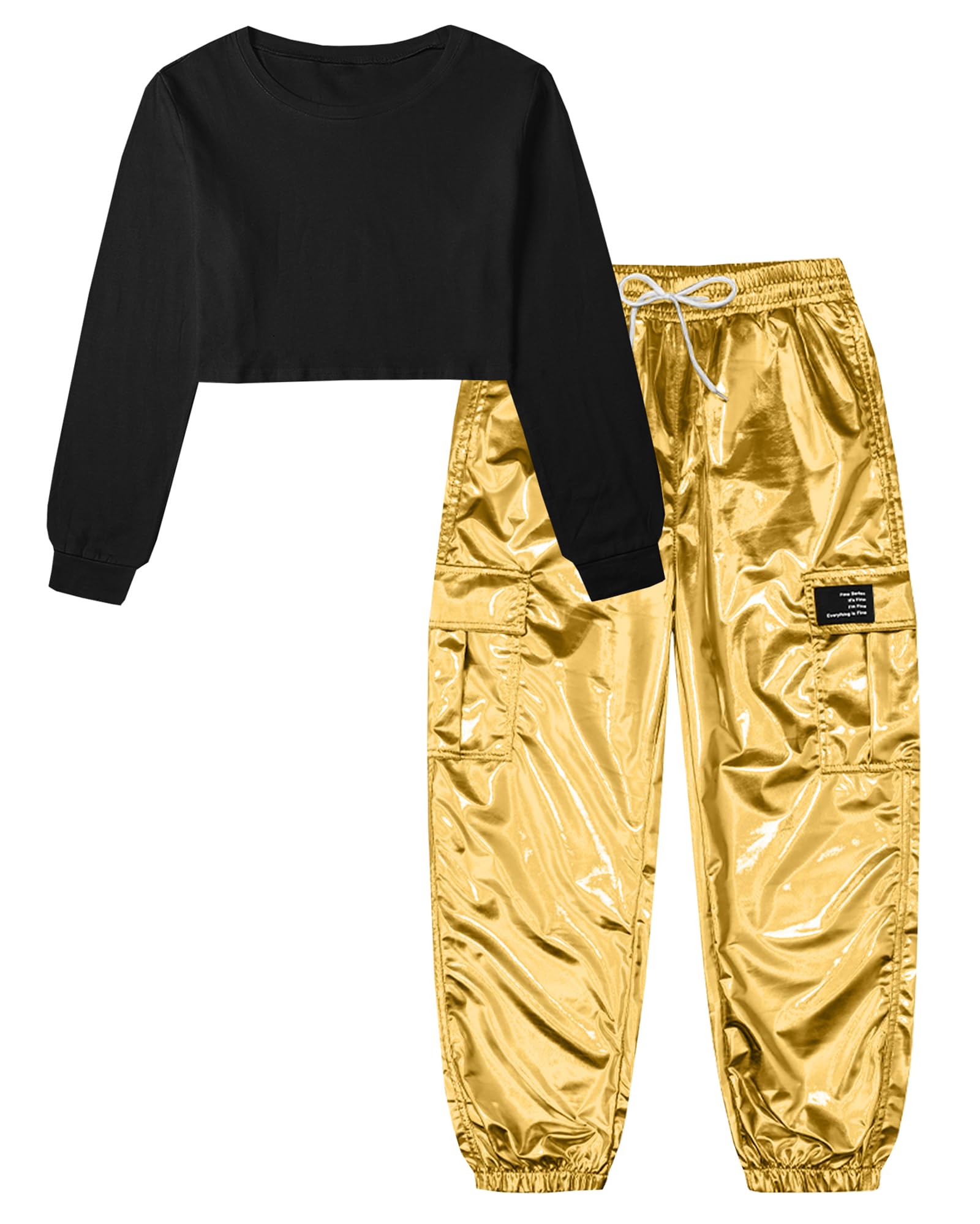 Betusline Girls 2 Piece Outfit Set, Long Sleeve Crop Top & Cargo Jogger Pants Fall Winter Clothes, Girl Clothes Set，4T-14Y