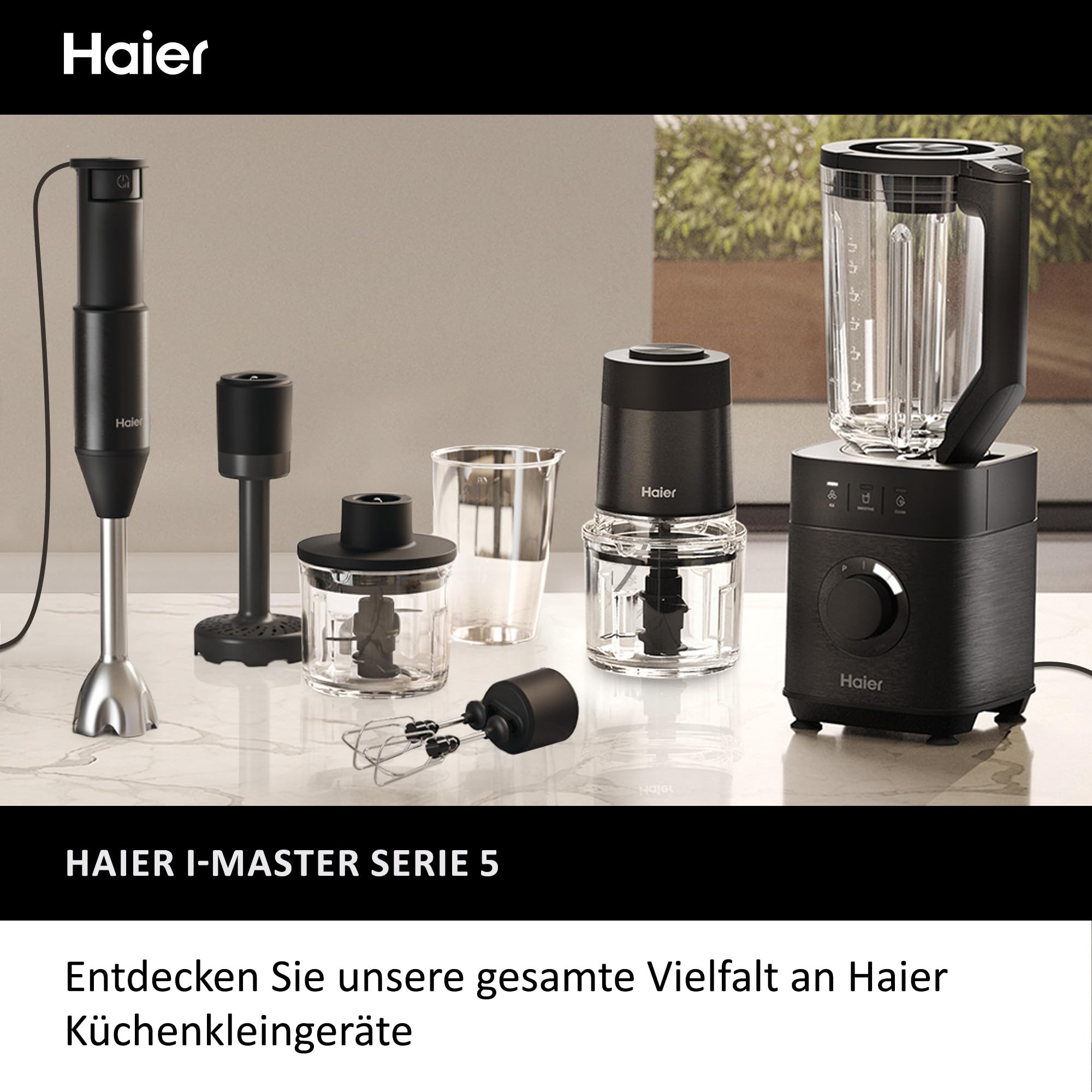 Haier Stabmixer 4-in-1 mit Messbecher, Quirl, Stampfer, Zerkleinerer I 1000W Pürierstab aus Edelstahl mit variabler Geschwindigkeit & 3 Klingen I abnehmbarer Fuß I Pulsfunktion [Serie 5 - HHB5B5]