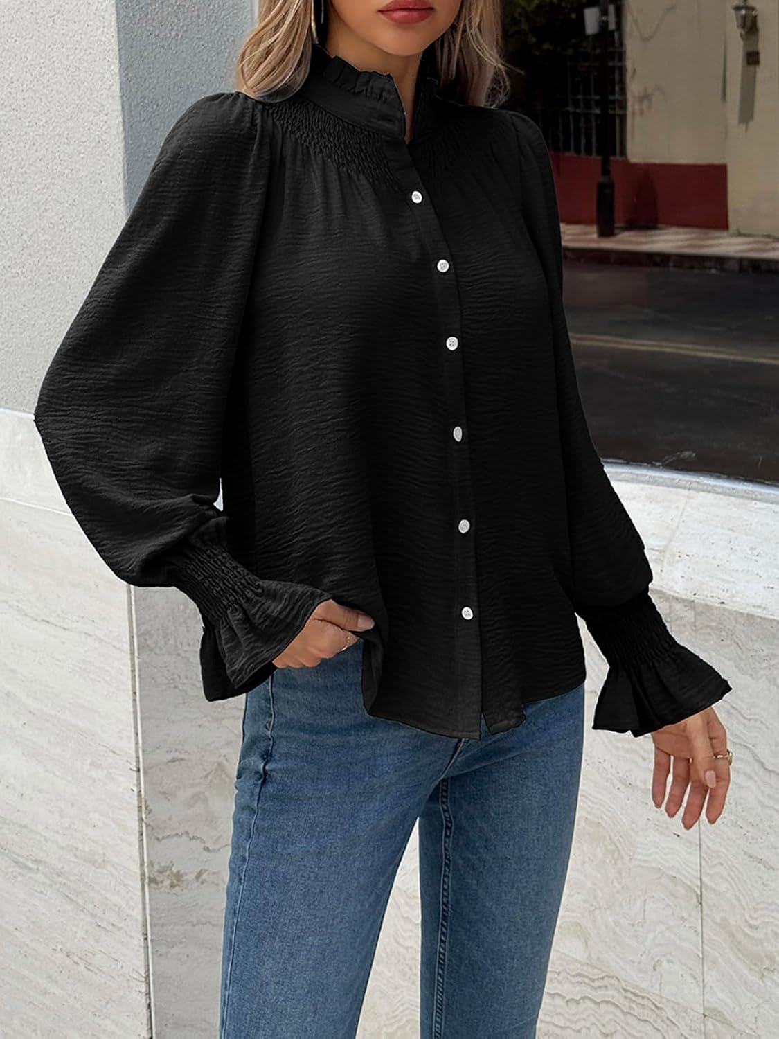 Tankaneo Womens Puff Long Sleeve Button Down Shirts Ruffle Mock Neck Blouses Dressy Casual Loose Fit Tops - Image 3