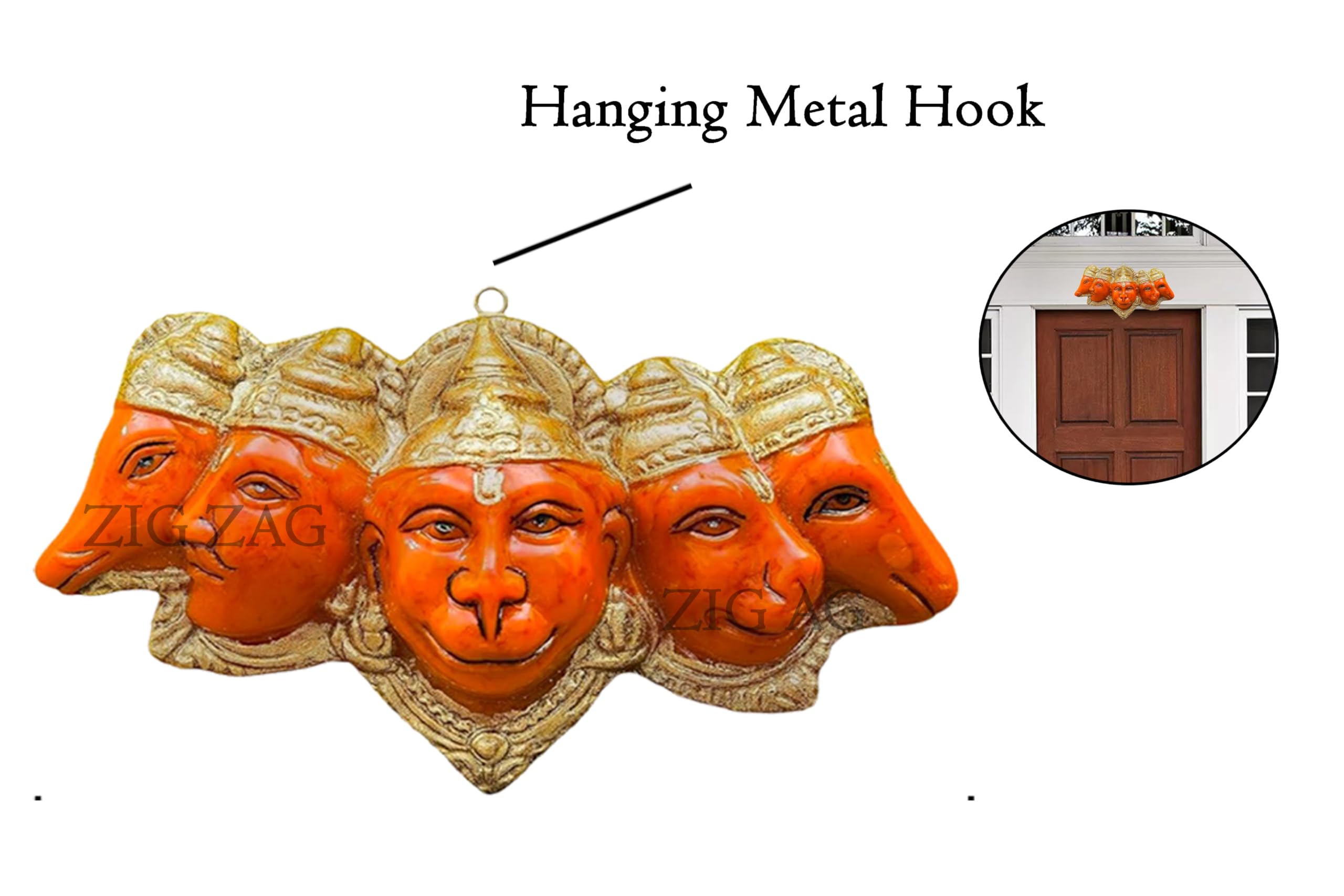 Zig Zag Panchmukhi Hanuman Hanging Idol for Door Entrance, Five Faces of Hanuman Murti Statue for Pooja Door Entrance - Image 3