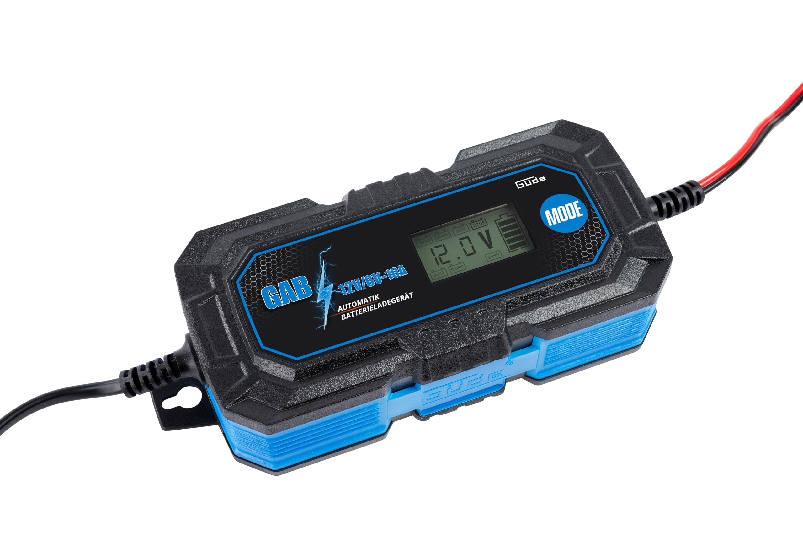 Güde Automatik Batterieladegerät GAB 12V/6V-10A (autom. Inverter-Batterielader für 6/12 V Batterien, 4-200 Ah Batteriekapazität, 160 W Netzleistung, 10 A eff. Ladestrom, LCD-Anzeige, Rettungsfunktion)