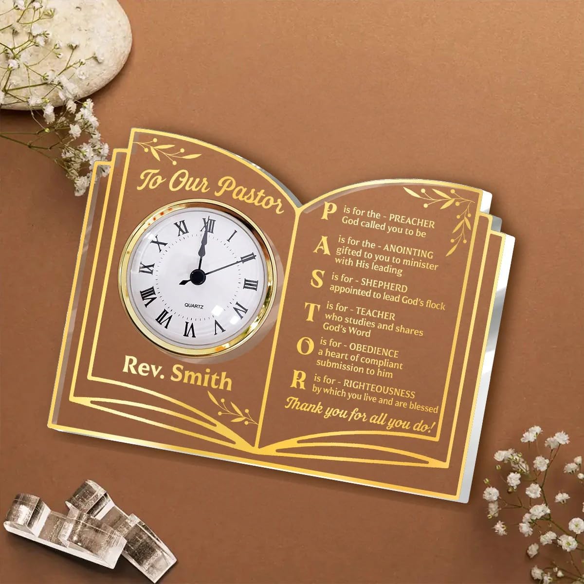 Thank You Pastor - Personalized Acrylic Desk Clock, Pastor Appreciation Gift, Pastor Gifts for Men Women, Thank You Presents for Pastor Preacher, Religious Christian Desk Decor