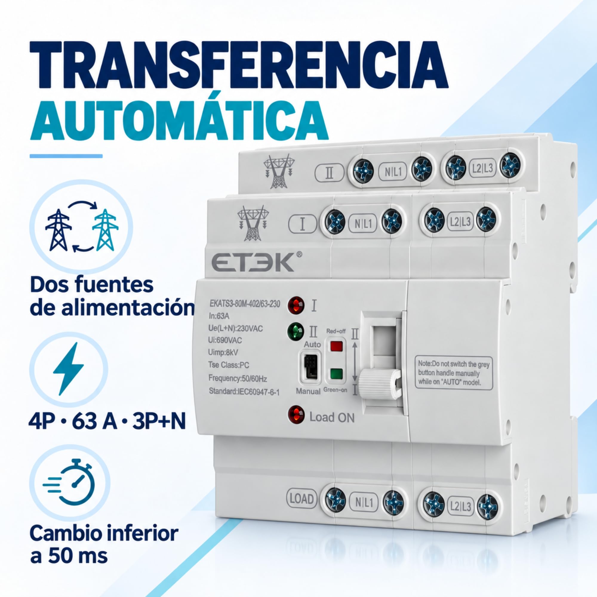 Interruptor de Transferencia Automática ATS 4P 63A 230V Doble Alimentación