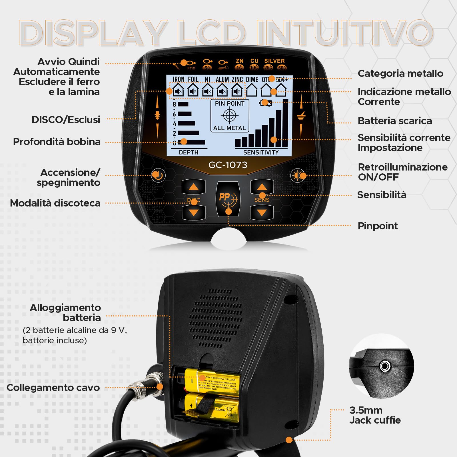Hazlewolke 33CM Metal Detector professionale con bobina di ricerca impermeabile a doppia D di grandi dimensioni da 33CM, alta sensibilità, rivelatore d'oro con display LCD retroilluminato