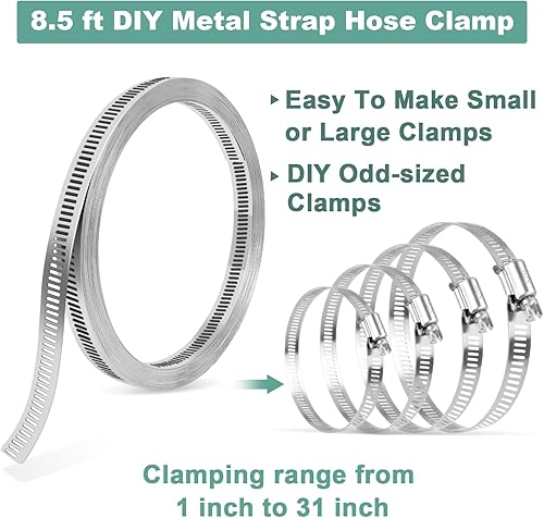 Miniatura 3 de Abrazadera de manguera, 8.5 pies, kit surtido de abrazaderas de manguera de acero inoxidable con 6 sujetadores, abrazaderas de manguera de engranaje