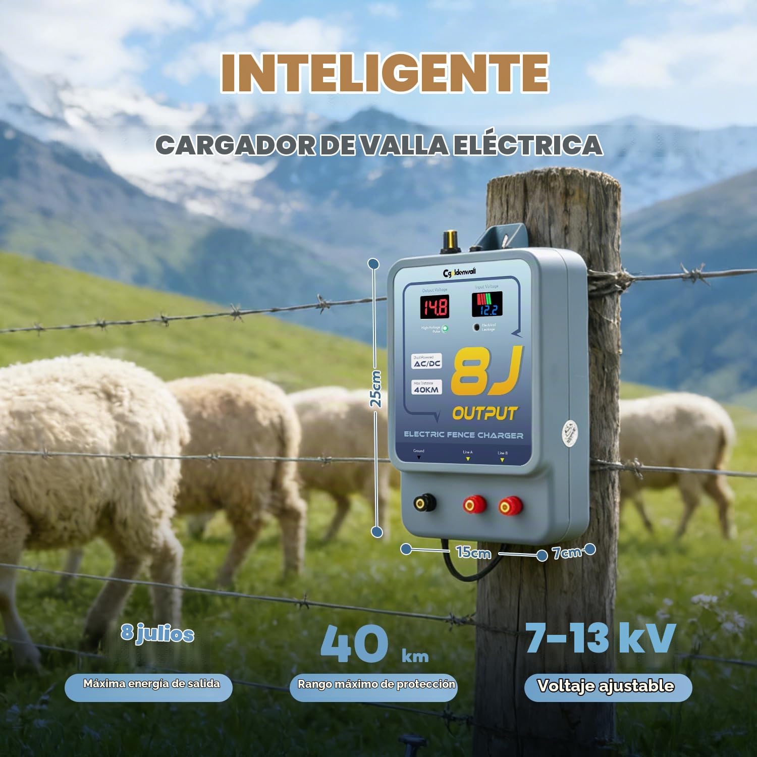 CGOLDENWALL 8J Pastor Electrico, AC/DC, 40KM Alcance, Ganado | 7-13KV Ajustable, IP45 Impermeable, Alarma, Caballos Pollame, Jardin