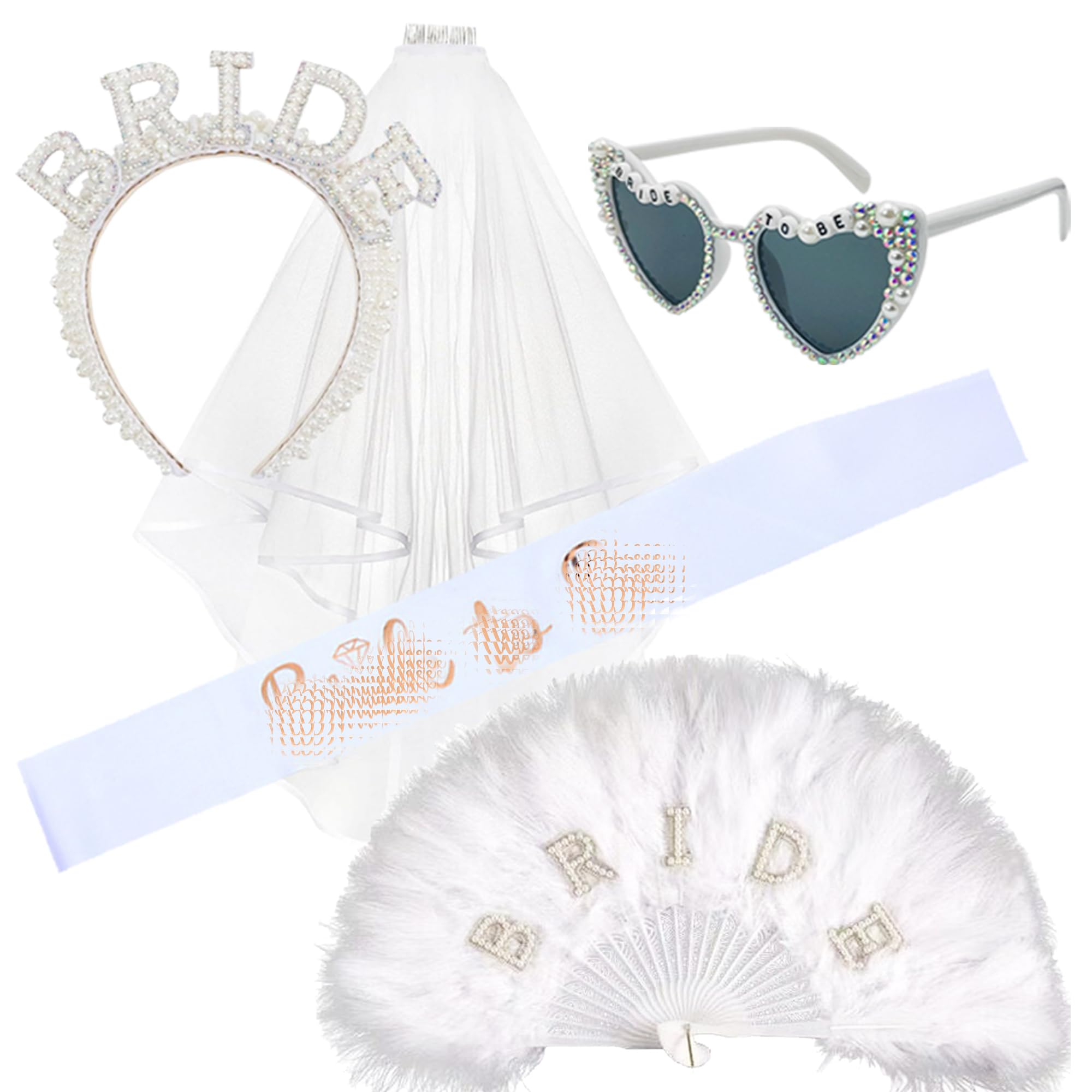 Yealuusoon Bride to Be Hen Do Set, 5 Piece Wedding Accessories Kit with Pearl Headband, Veil, Sash & Feather Fan, White Bridal Party Present Box for Women