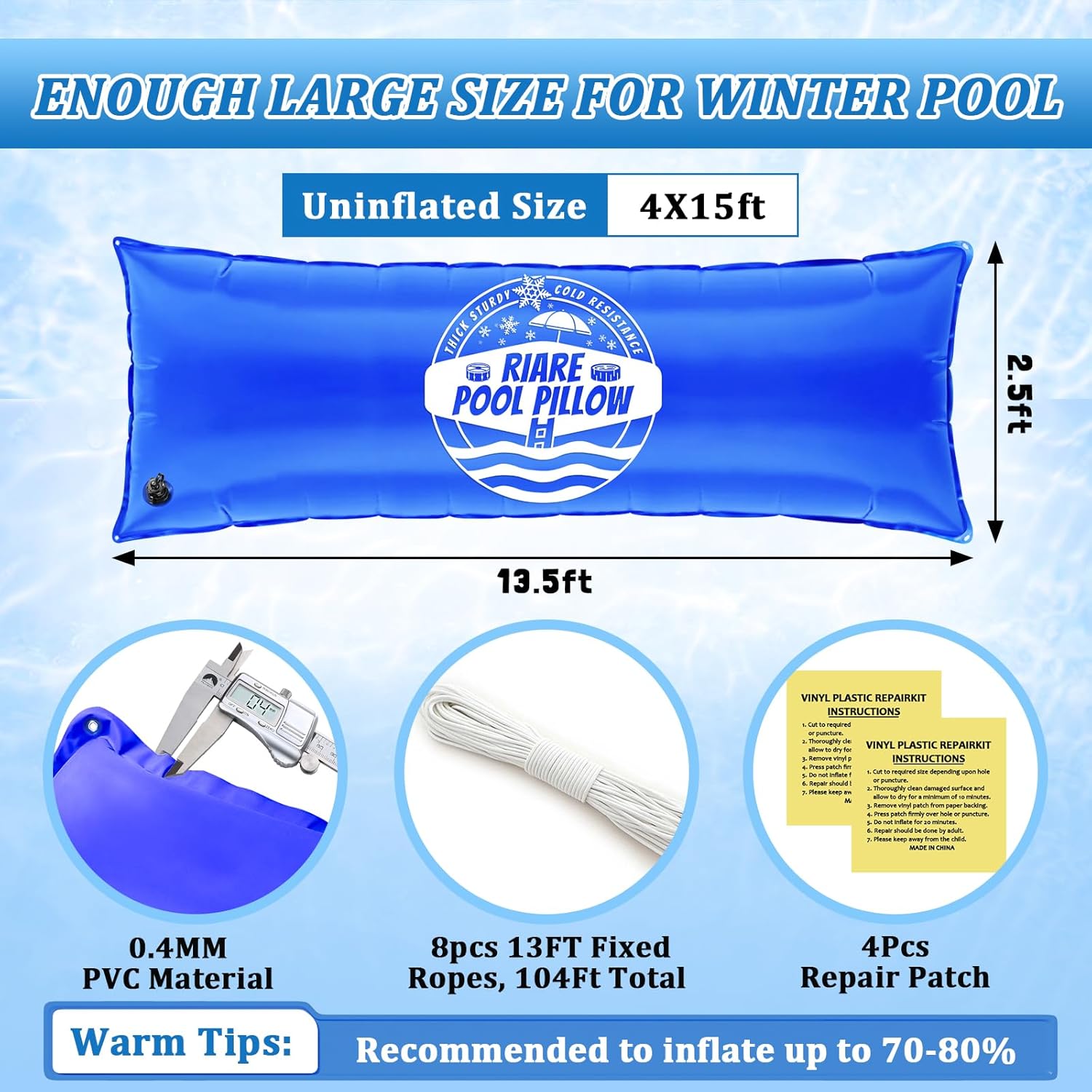 Riare 2 Pack 4x15ft Large Pool Pillow for Above Ground Pools- Cold-Resistant Thick Winter Air Pool Pillow for Winterizing, Closing Winter Winterize Closing Kit with 50ft Rope & Repair Patch(Blue)