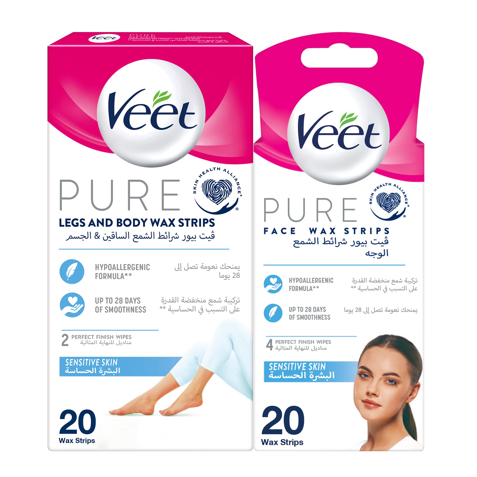 Pure Legs & Body Hair Removal Wax Strips, 20 Strips + Pure Face Strips for Sensitive Skin, 20 Strips x 2