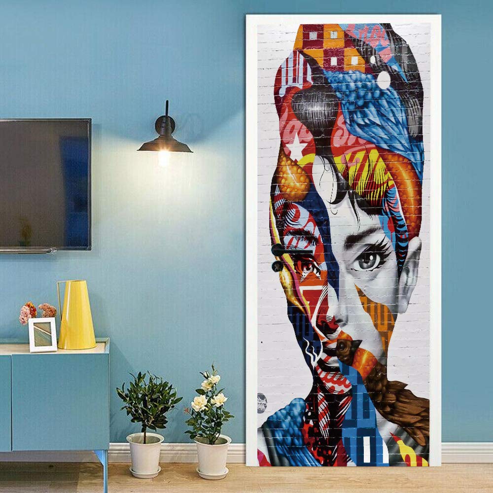 Sticker de porte trompe l'oeil papier peint amovible femme 88x200