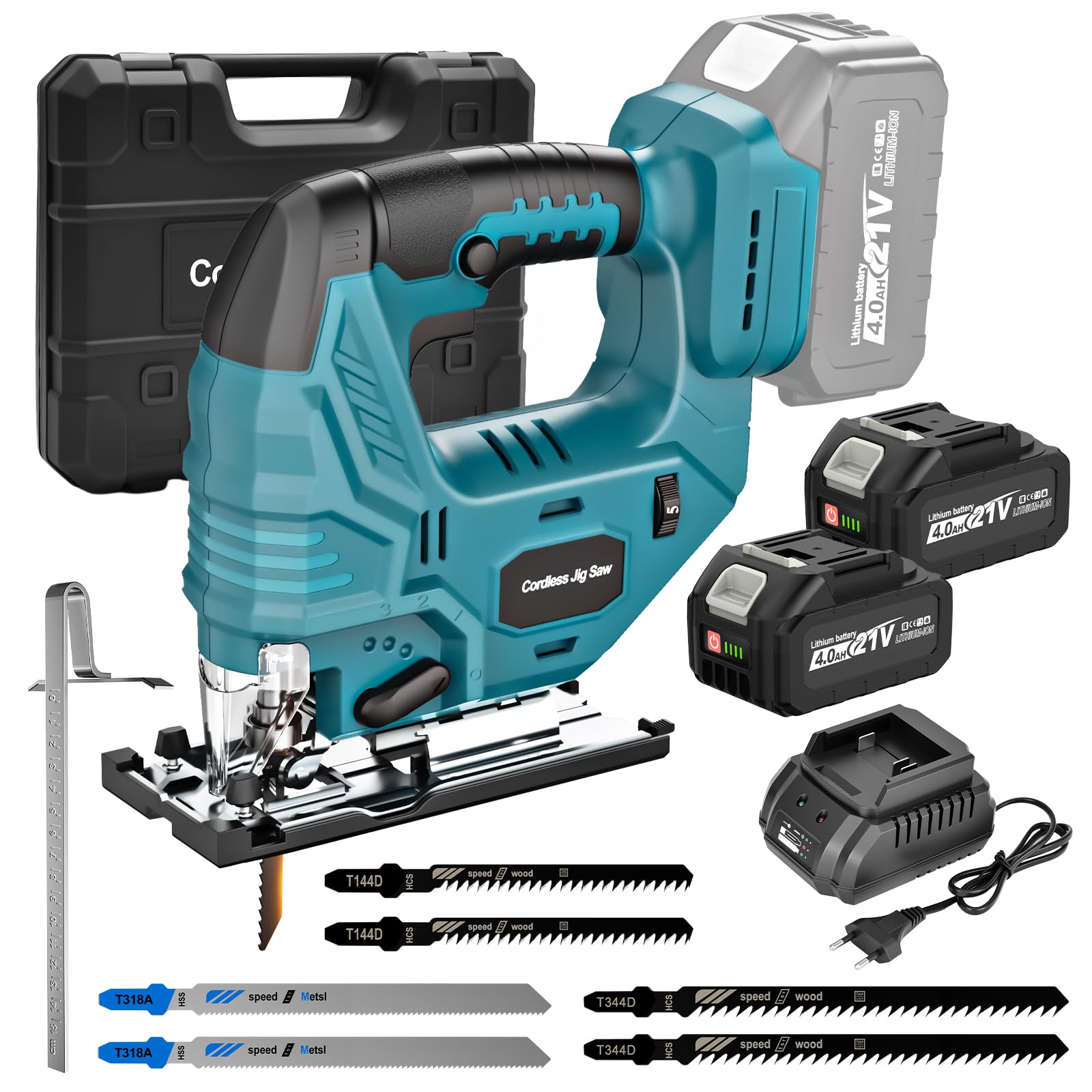 Yofuly Sierra de Calar Compatible con Baterías Makita de 18V, Caladoras para Madera con 2 Baterías de 4,0 Ah, 7 Velocidades Variables 3200SPM, Angulo de Corte de ±45°, 6 Hojas