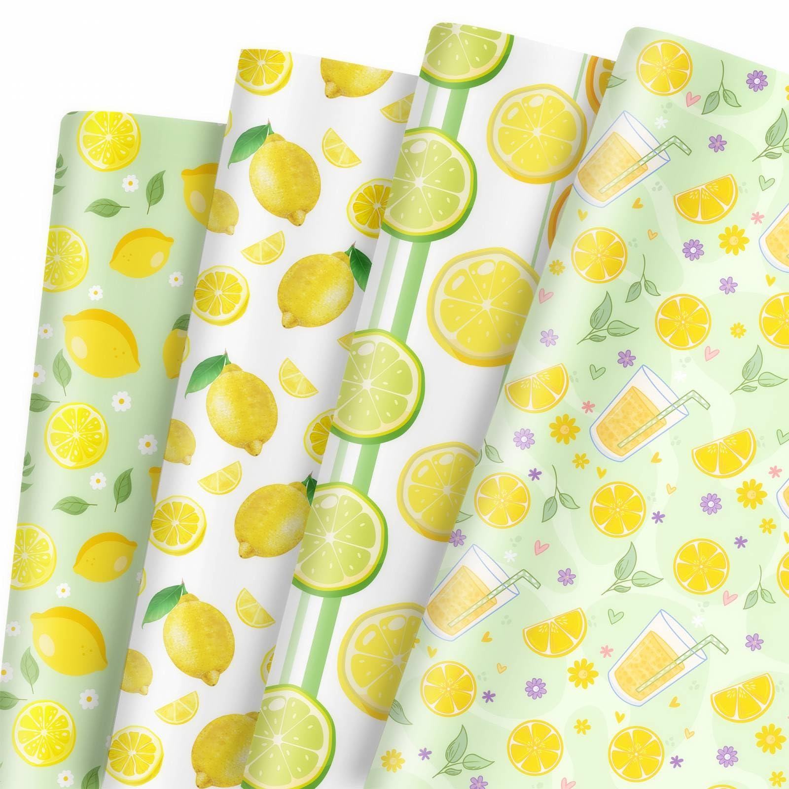 GleeWrap Lemon Wrapping Paper, Fruit Themed Gift Wrapping Paper Sheets, 4 Unique Designs 12 Sheets Yellow Lemon Wrap for Birthday, Bridal Shower, Party Gift Giving, 20 x 28 Inches Eco-friendly Paper