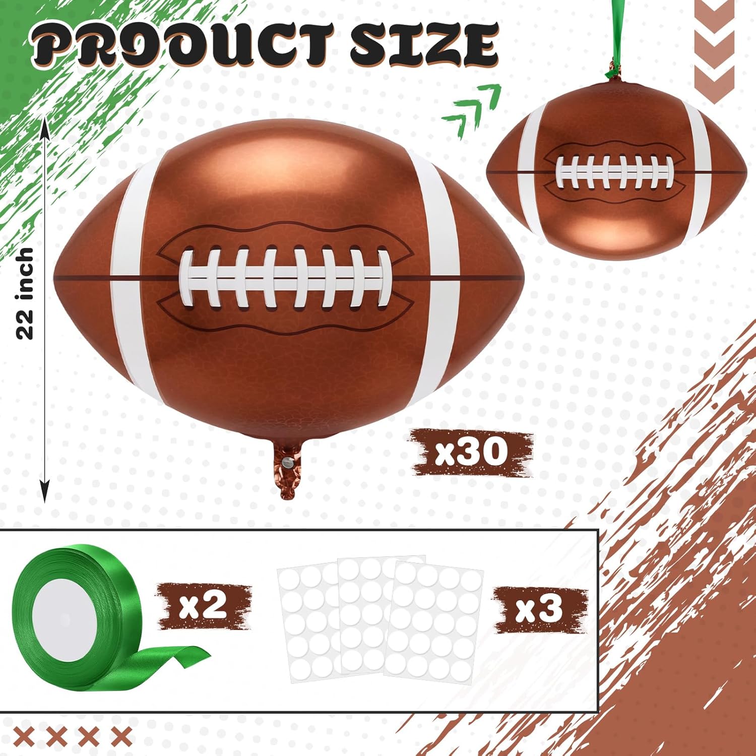Jenaai 30 Set Football Foil Balloons Bulk 22 Inch 4d Metallic Giant Balloons Set with Ribbon for Ceiling Ornaments Birthday Party Decoration(Football, Green)