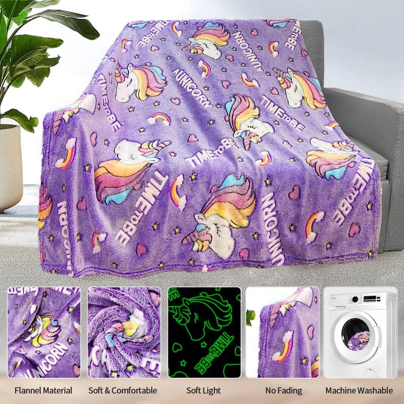 Unicorn Blanket for Girls, Glow in The Dark Personalized Baby/Toddler Blanket, Soft Fleece Unicorns Gift Age 1-12, 50in x 60in