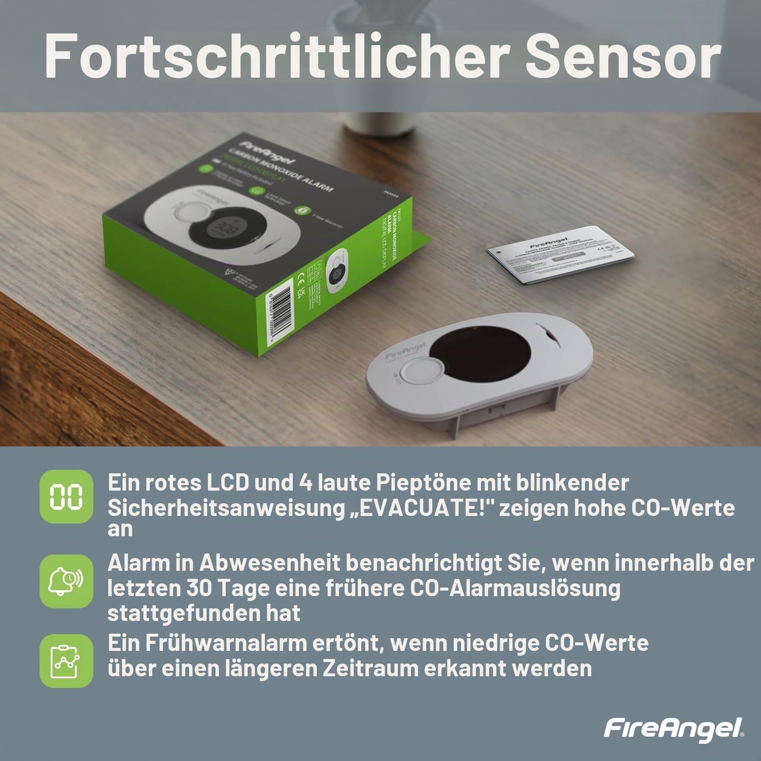 Fireangel FA3322 Digitaler CO-Alarm, 10 Jahre versiegelt, für Lebensdauer der Batterie, inkl. Temperatur- und Luftfeuchtigkeitssensor, Warnhinweise