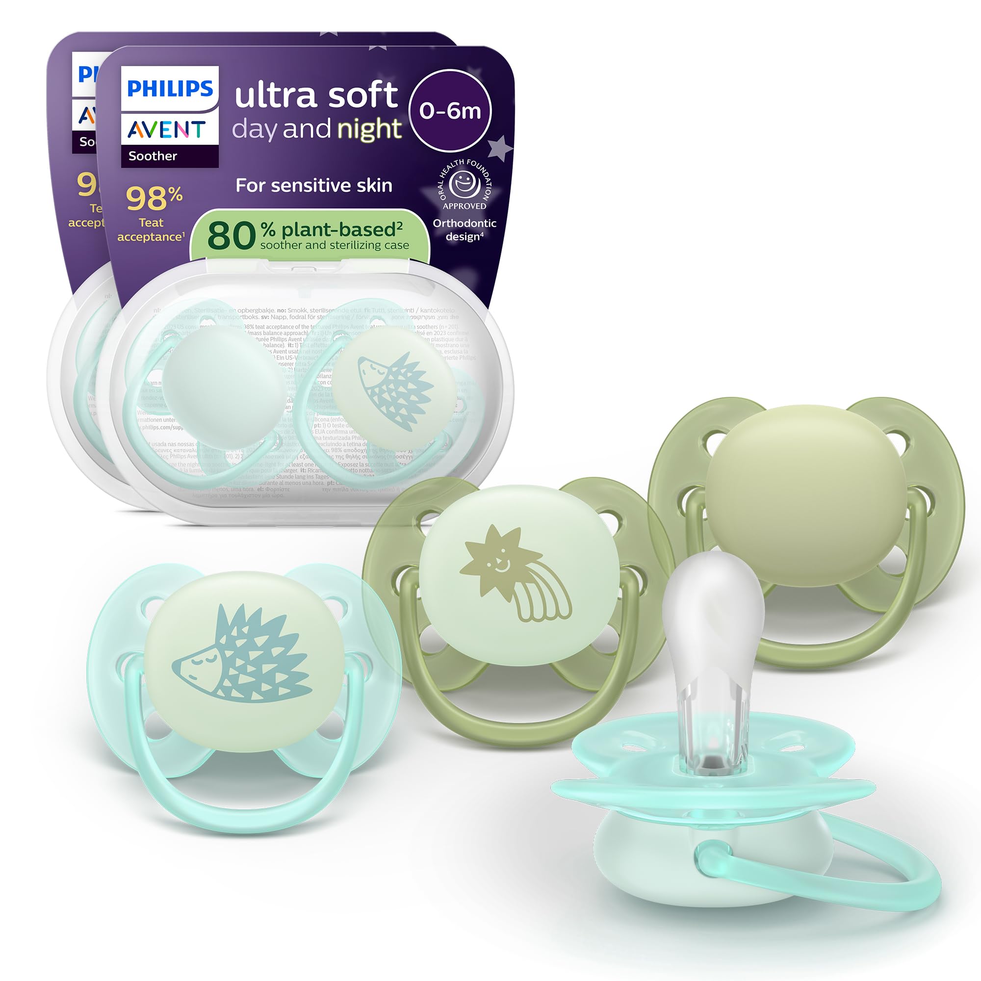 Philips Avent Ultra Soft Day & Night Soothers - Orthodontic Design, for Babies 0-6 Months, Glow in The Dark, Symmetrical Silicone Teat, BPA-Free, Sterilising Cases, 4 Pack, SCF094/09