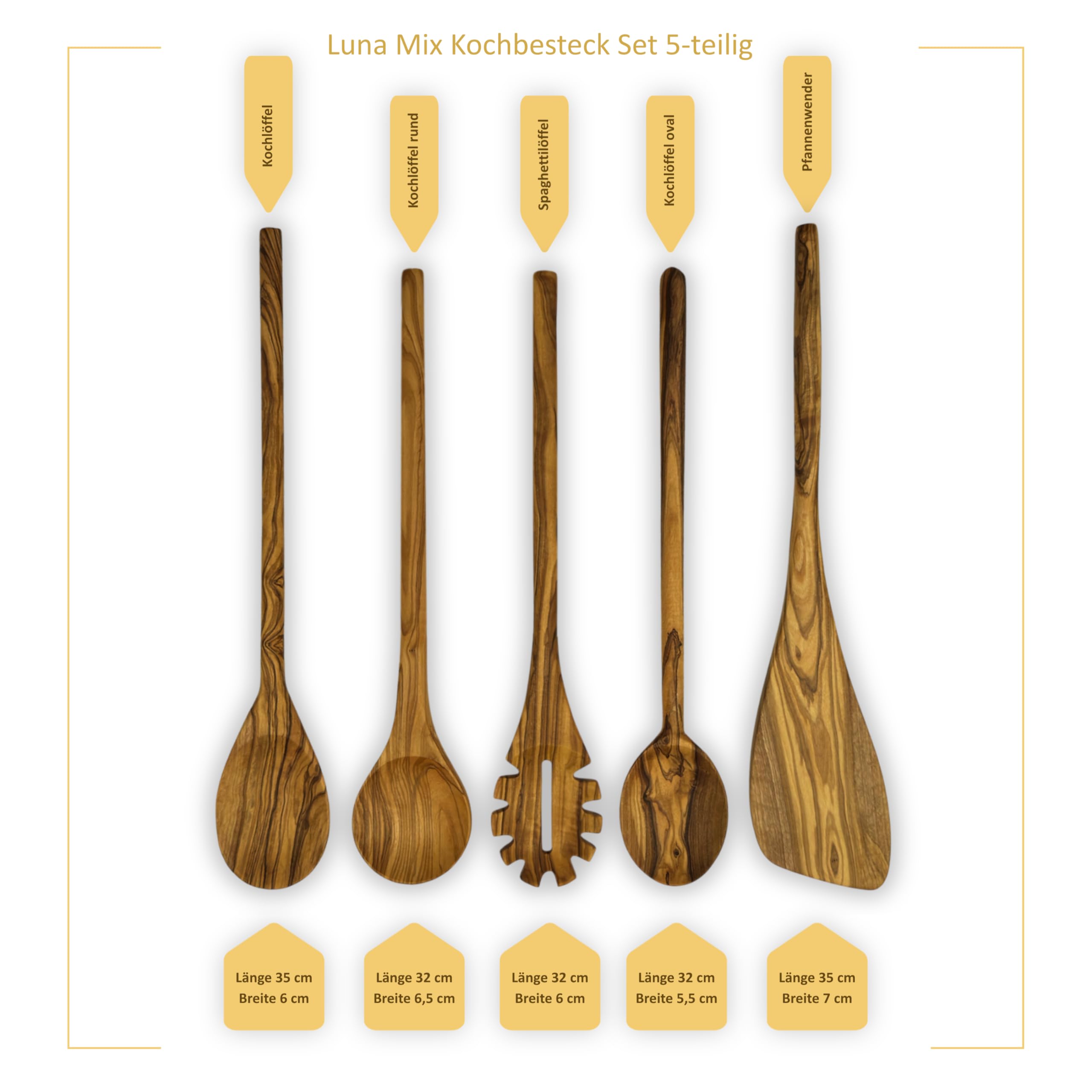 Kochbesteck Set „Luna Mix“ Olivenholz 5-teilig – Kochlöffel Set, Pfannenwender Holz – variable Länge Küchenhelfer – vielseitig & praktisch
