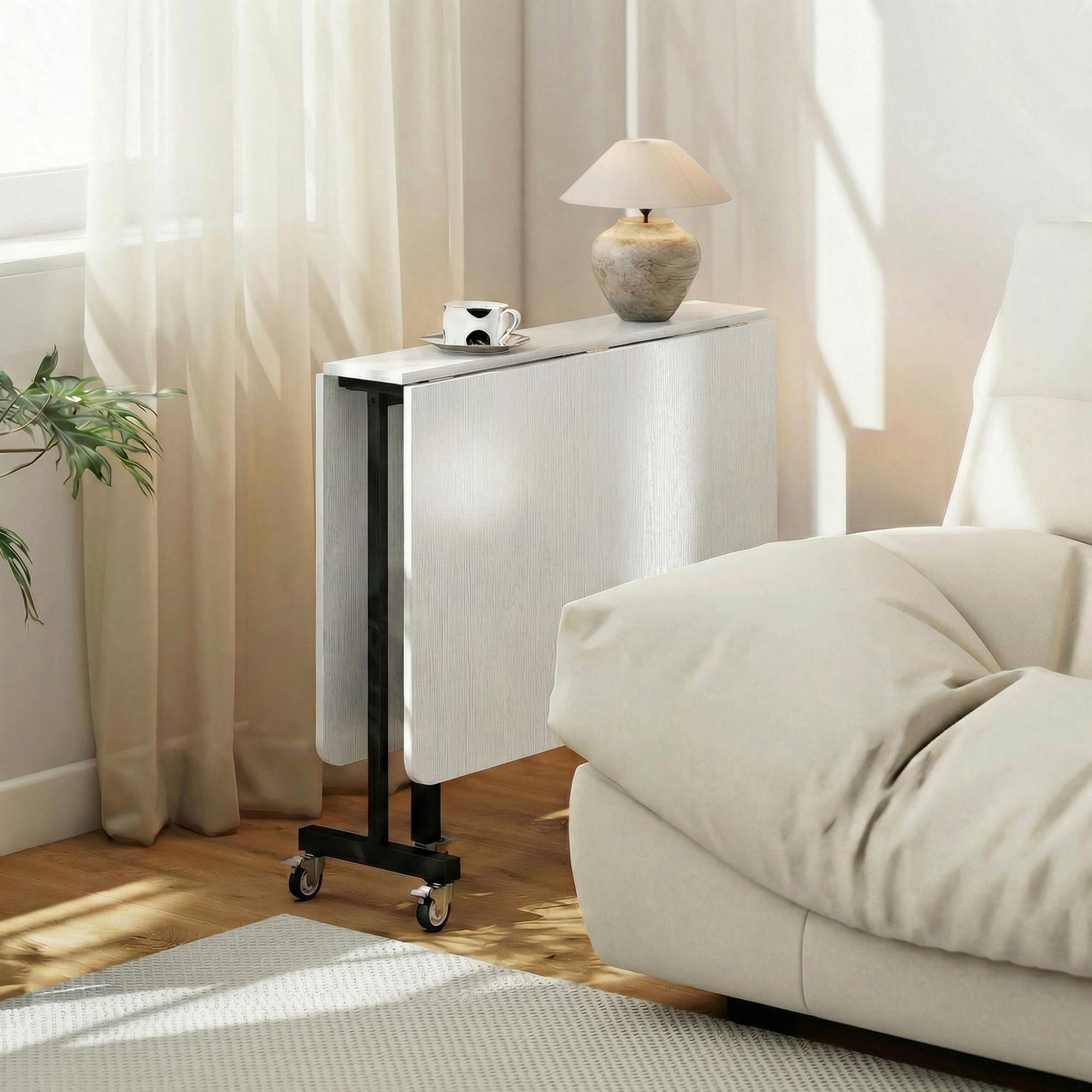 HOMCOM Tavolo da Pranzo Pieghevole, Tavolo Cucina a Ribalta con Ruote a Freno per 4-6 Persone, Scrivania Richiudibile con Struttura in Acciaio, per Soggiorno, 120x80x73 cm, Bianco Effetto Legno