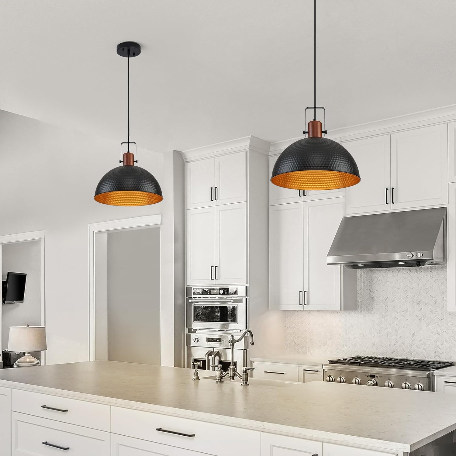 16 Inch Black Pendant Lights Hammered Matte Pendant Lights for Kitchen Island Industrial Farmhouse Adjustable Height Dome Hanging Light Fixtures for Barn, Dining Room 1 Pack