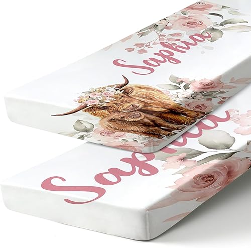 Sábana bajera ajustable personalizada de 2 piezas para cuna  Sábana personalizada para cuna de vaca de las tierras altas con nombre de bebé, sábana