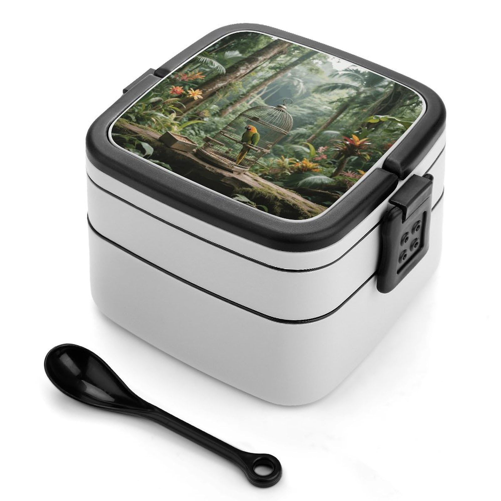 VstaDank Parrot in Rainforest Bento Box with Compartments Portable Lunch Containers with Spoon Leak Proof Bento Lunch Box Snap-On Design Double-Layer Insulated Lunch Boxes for Work Camping